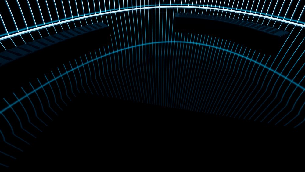 Blue neon light bars forming curved digital patterns