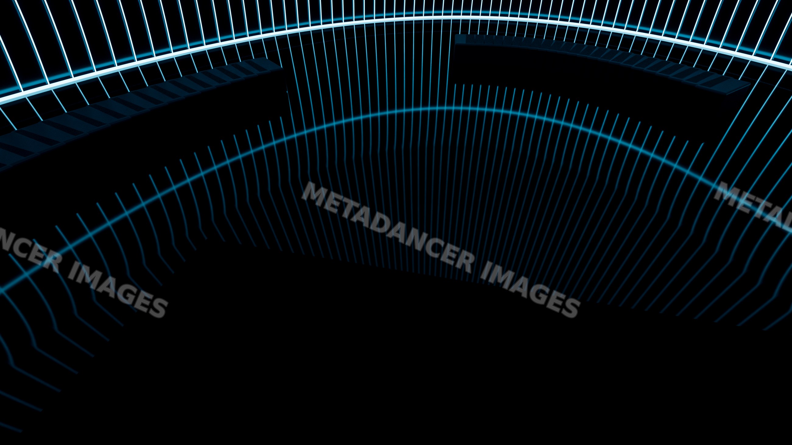 Blue neon light bars forming curved digital patterns
