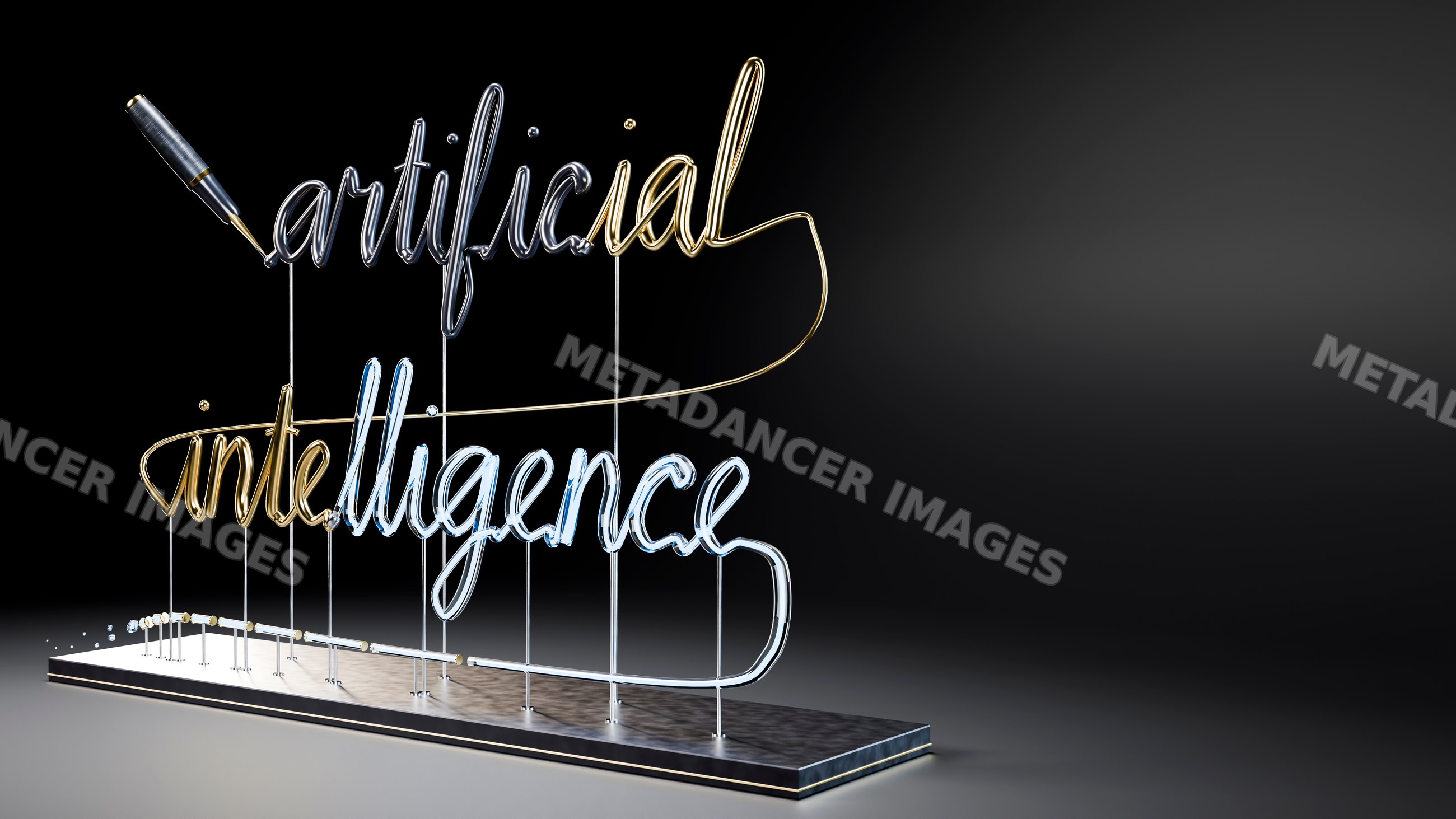 Neon sign with artificial intelligence glowing metallic script