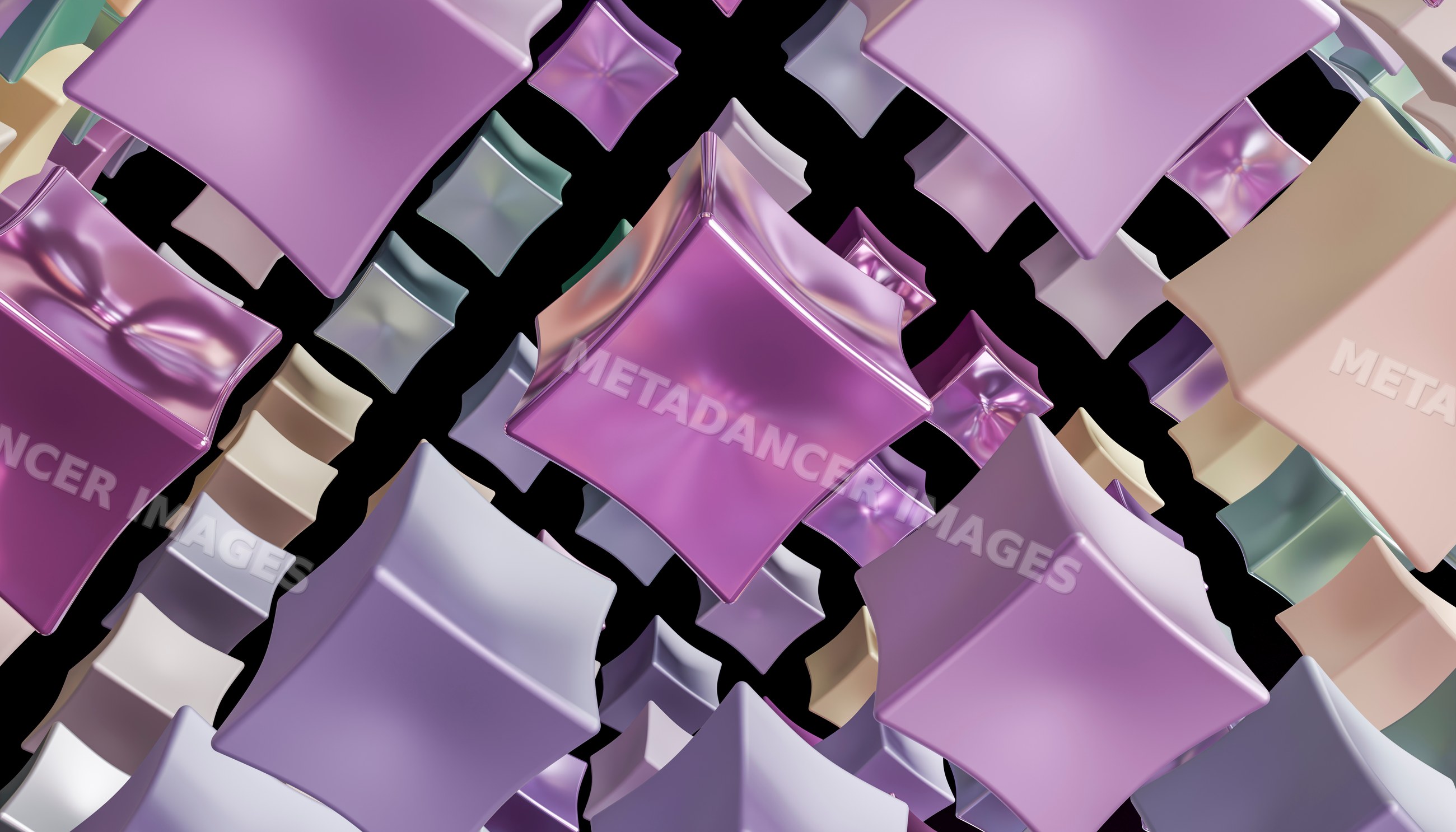 A 3d abstract arrangement of shiny floating cubes in pastel colors