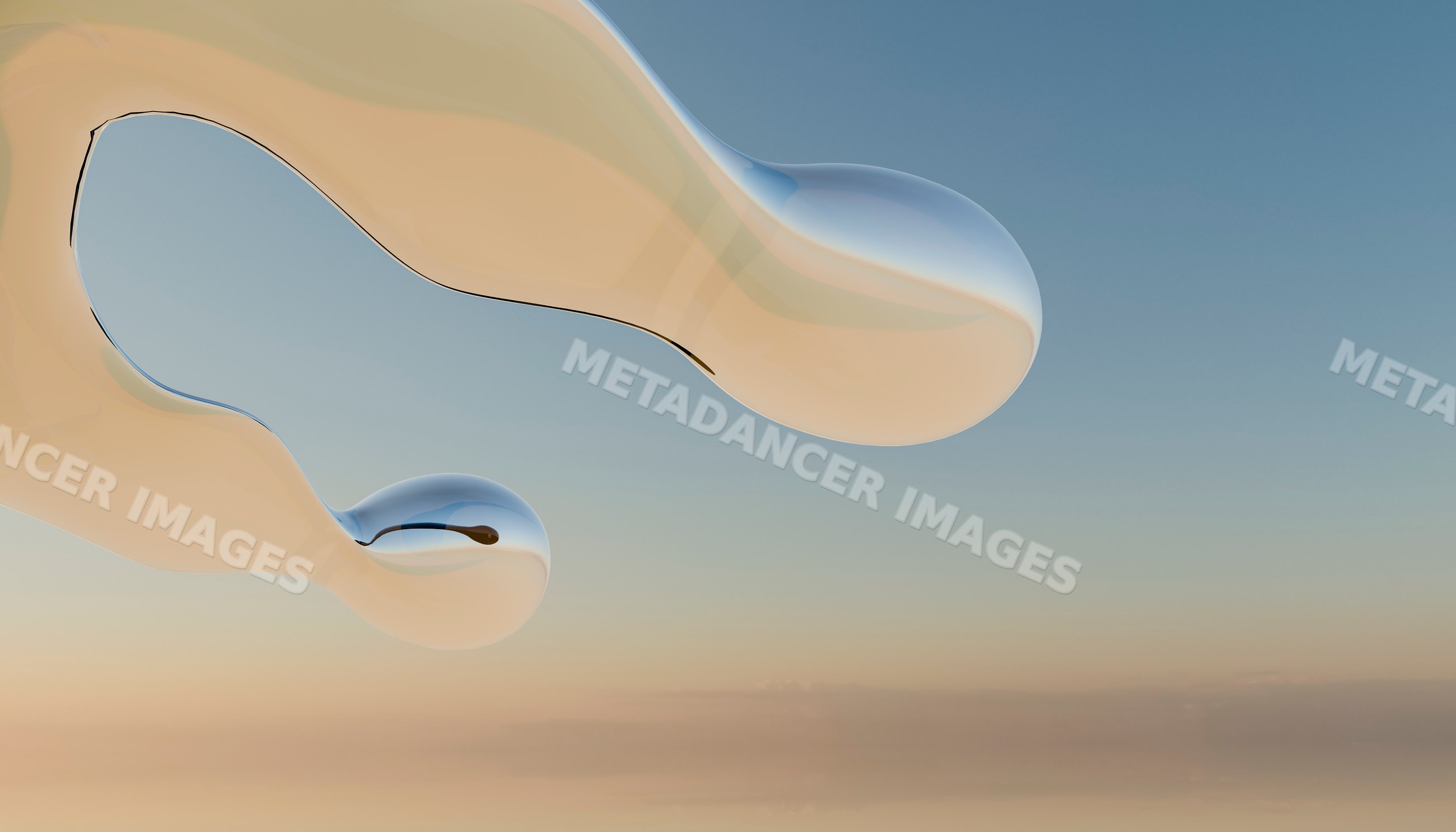 Abstract digital art showing smooth curved liquid shapes floating