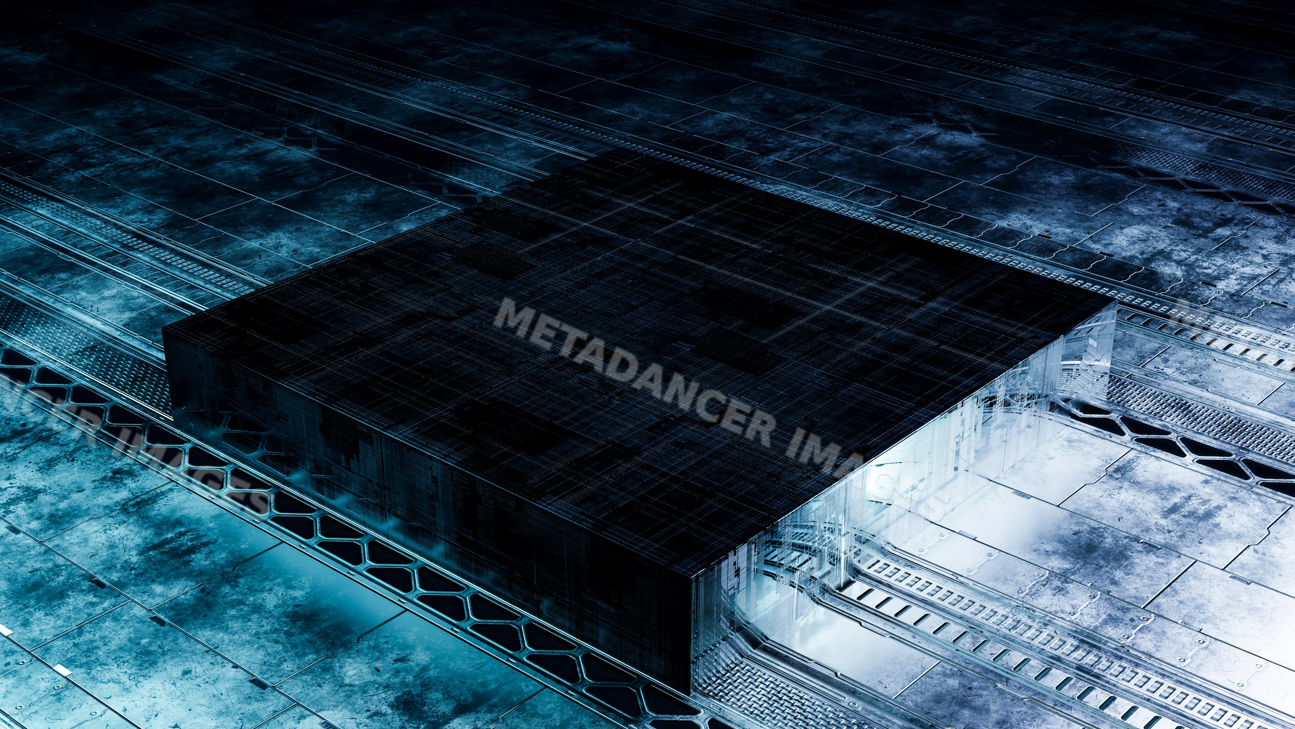 Futuristic high-tech metallic structure with geometric design