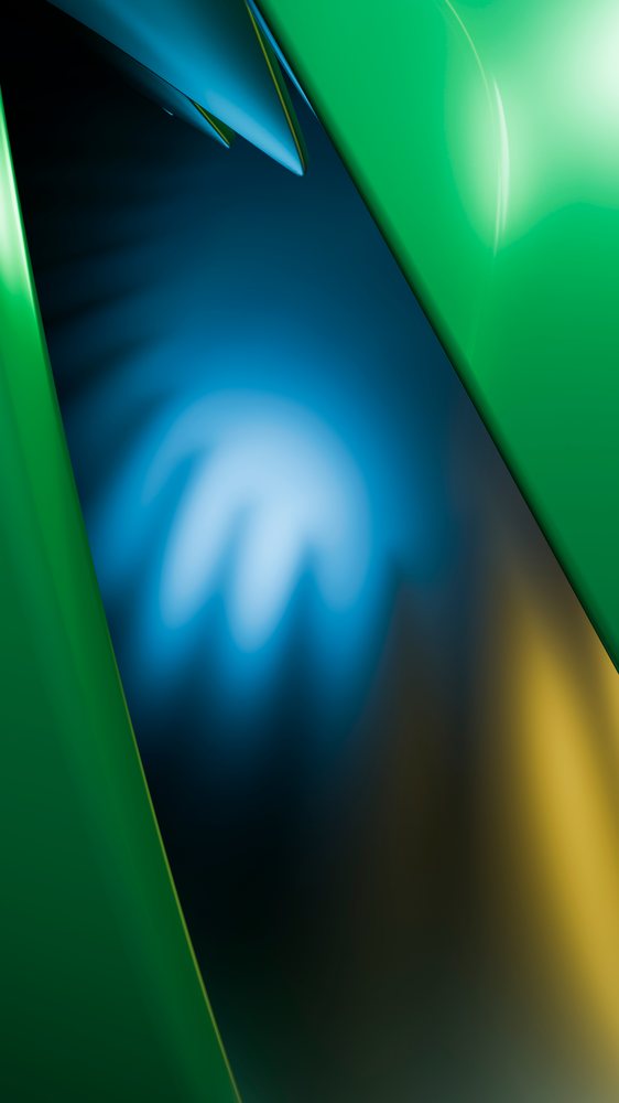 Abstract digital illustration with green shapes and blue light effects