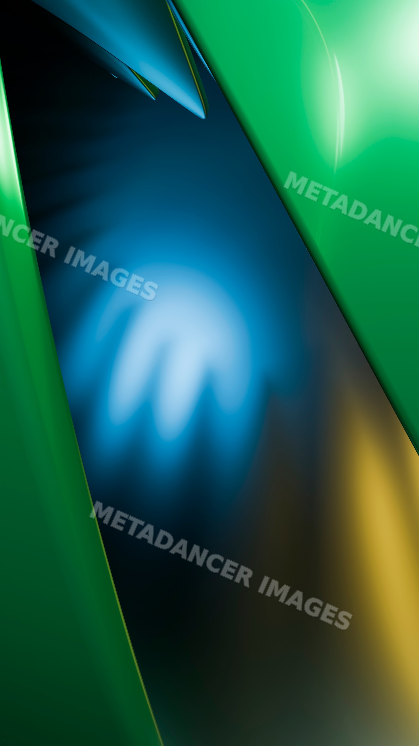 Abstract digital illustration with green shapes and blue light effects