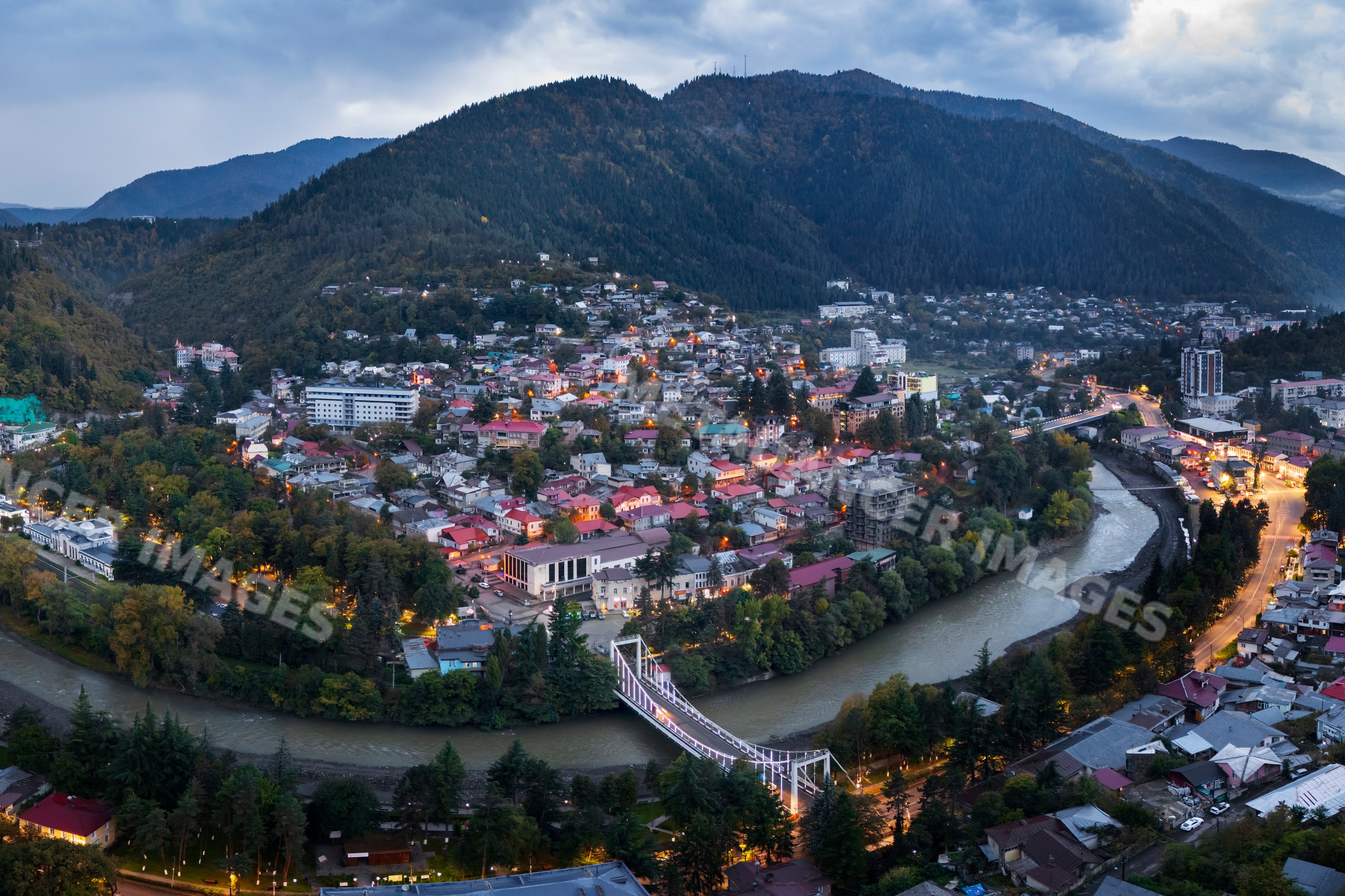 Borjomi cityscape with river and mountains
