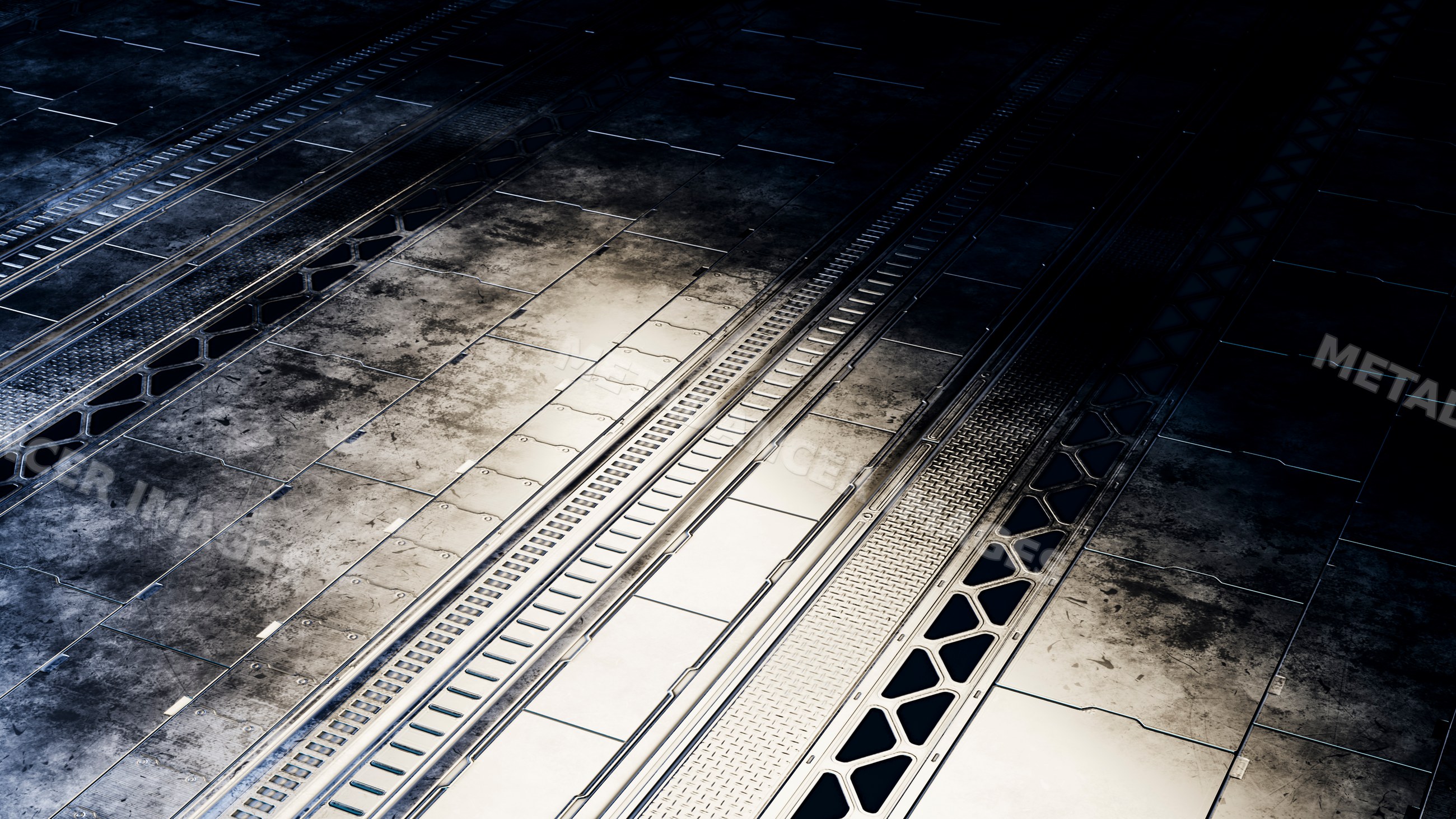 Metal industrial floor panels with grates and textured steel surface