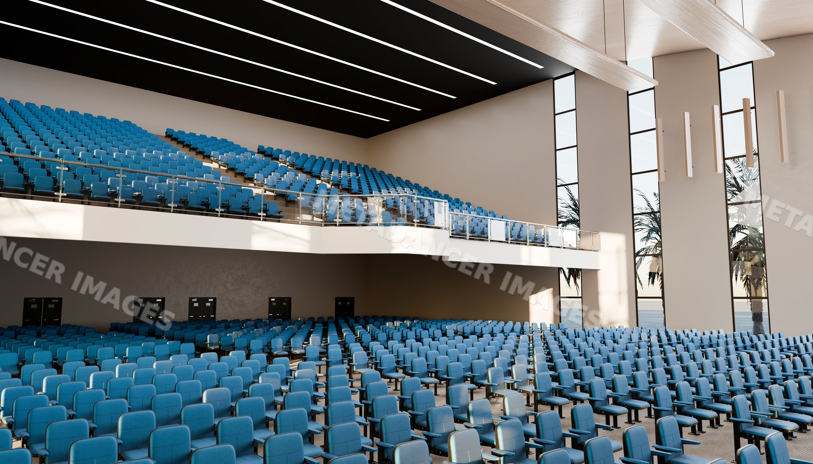 Modern lecture hall with blue seating and balcony under natural light