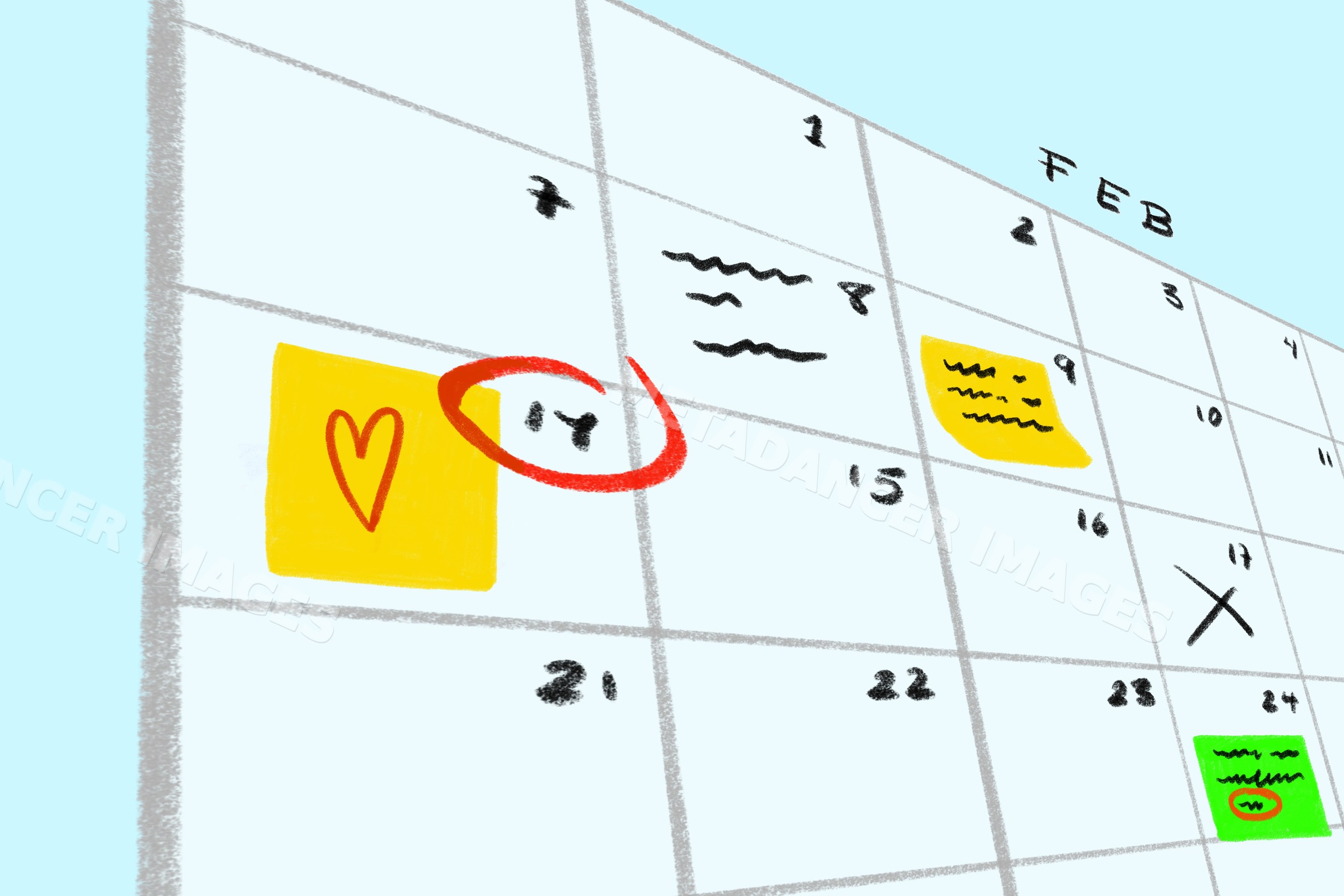 Calendar february month with highlighted important dates and reminders