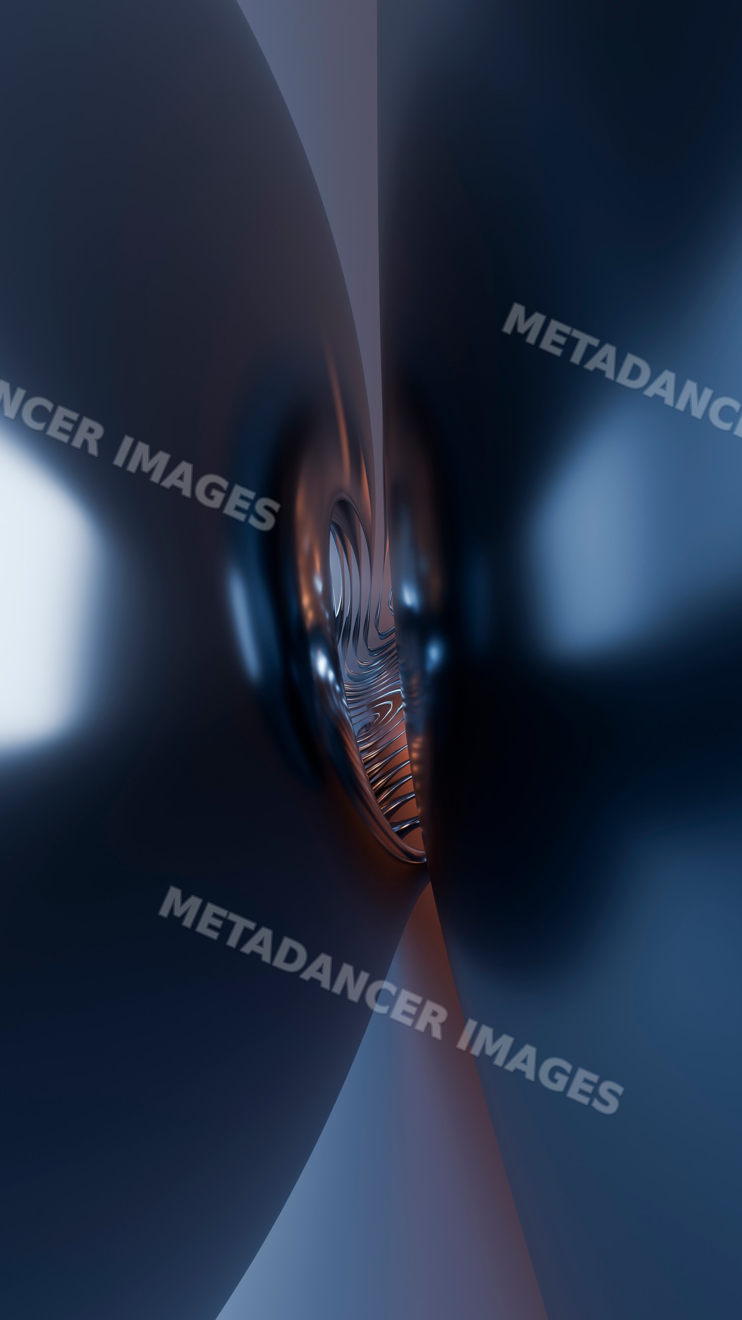 Abstract twisted metallic curves with blue and orange reflections