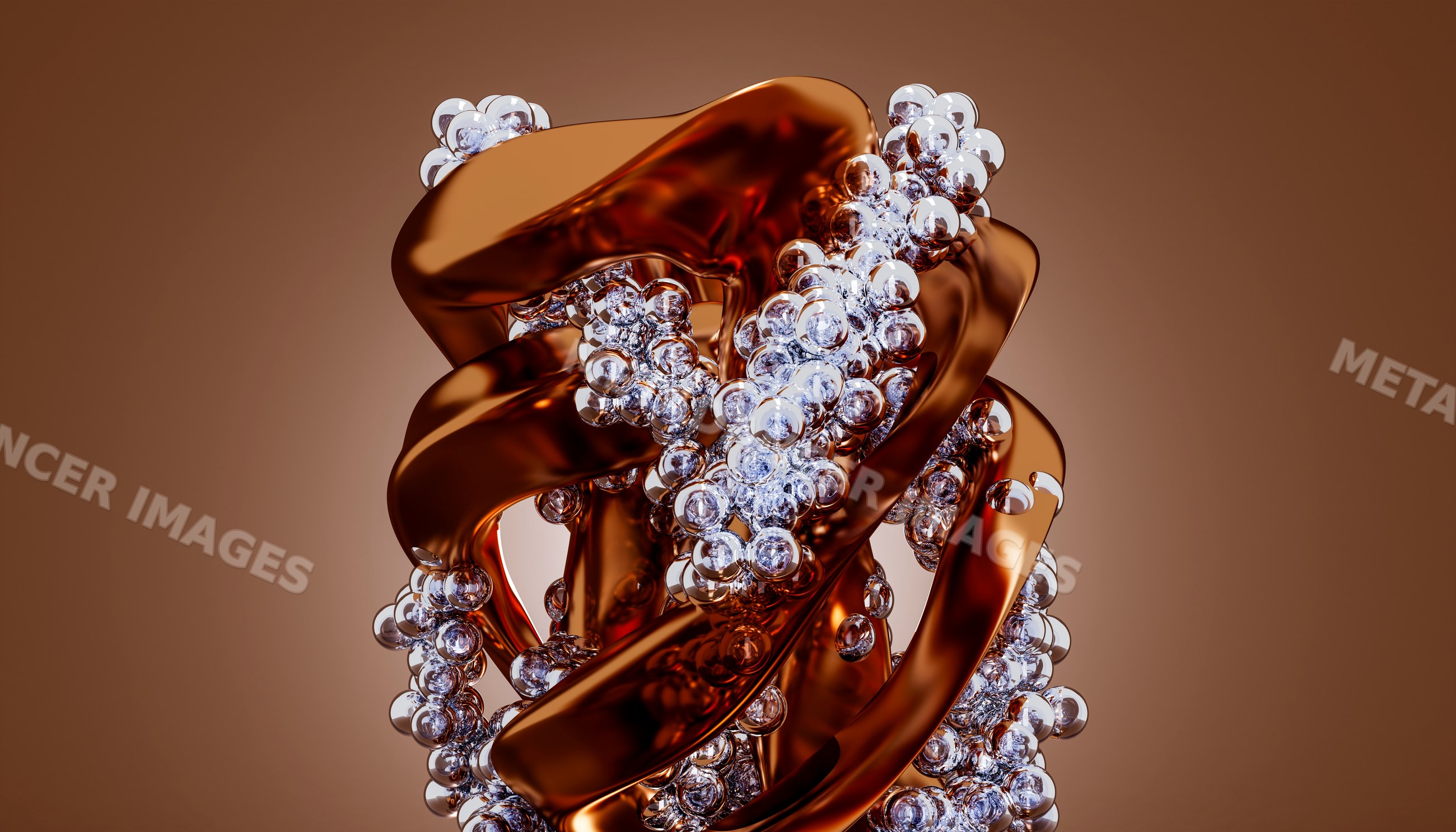Abstract sculpture with metallic ribbons and silver spheres on brown