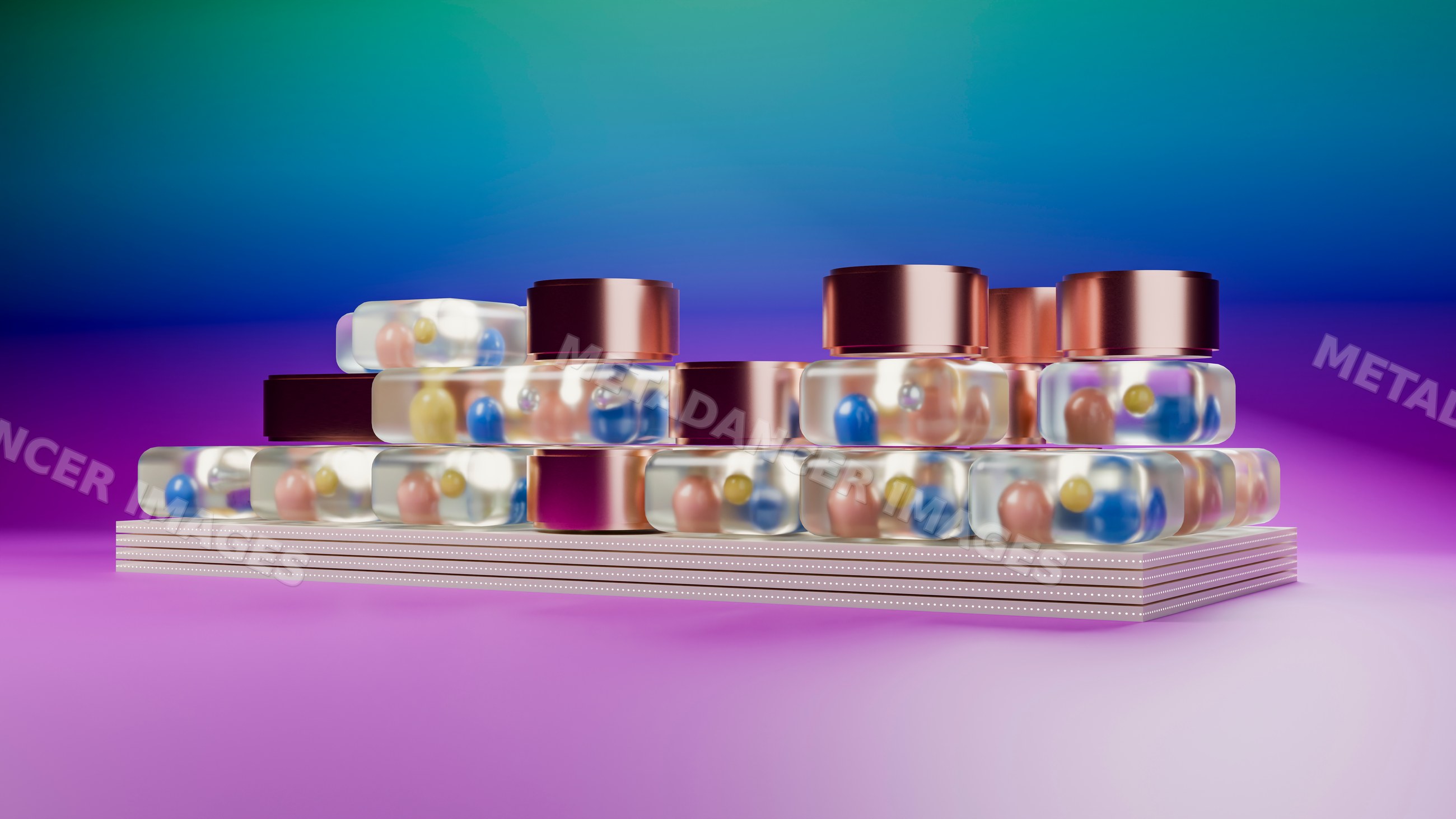 Stacked transparent capsules with colorful spheres in 3d illustration