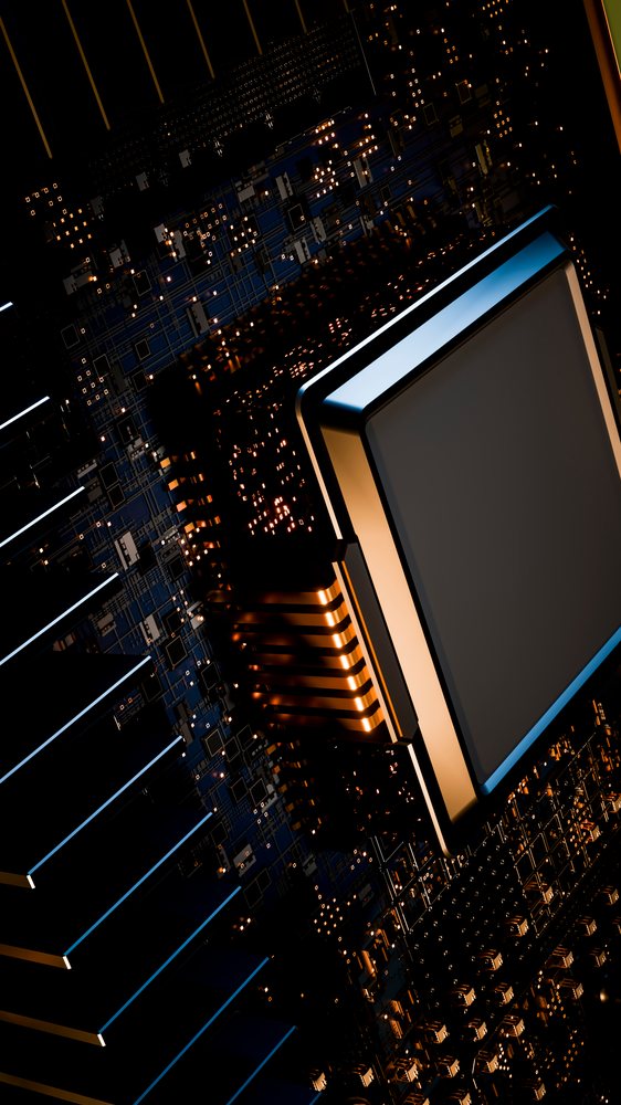 Microchip processor on circuit board with glowing components
