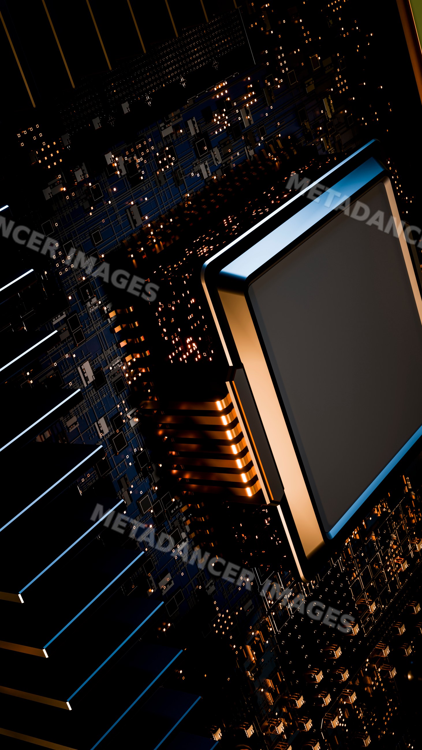 Microchip processor on circuit board with glowing components
