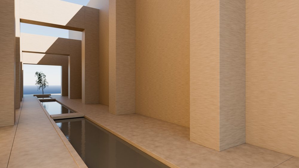 Open corridor with water feature and tree in modern architecture