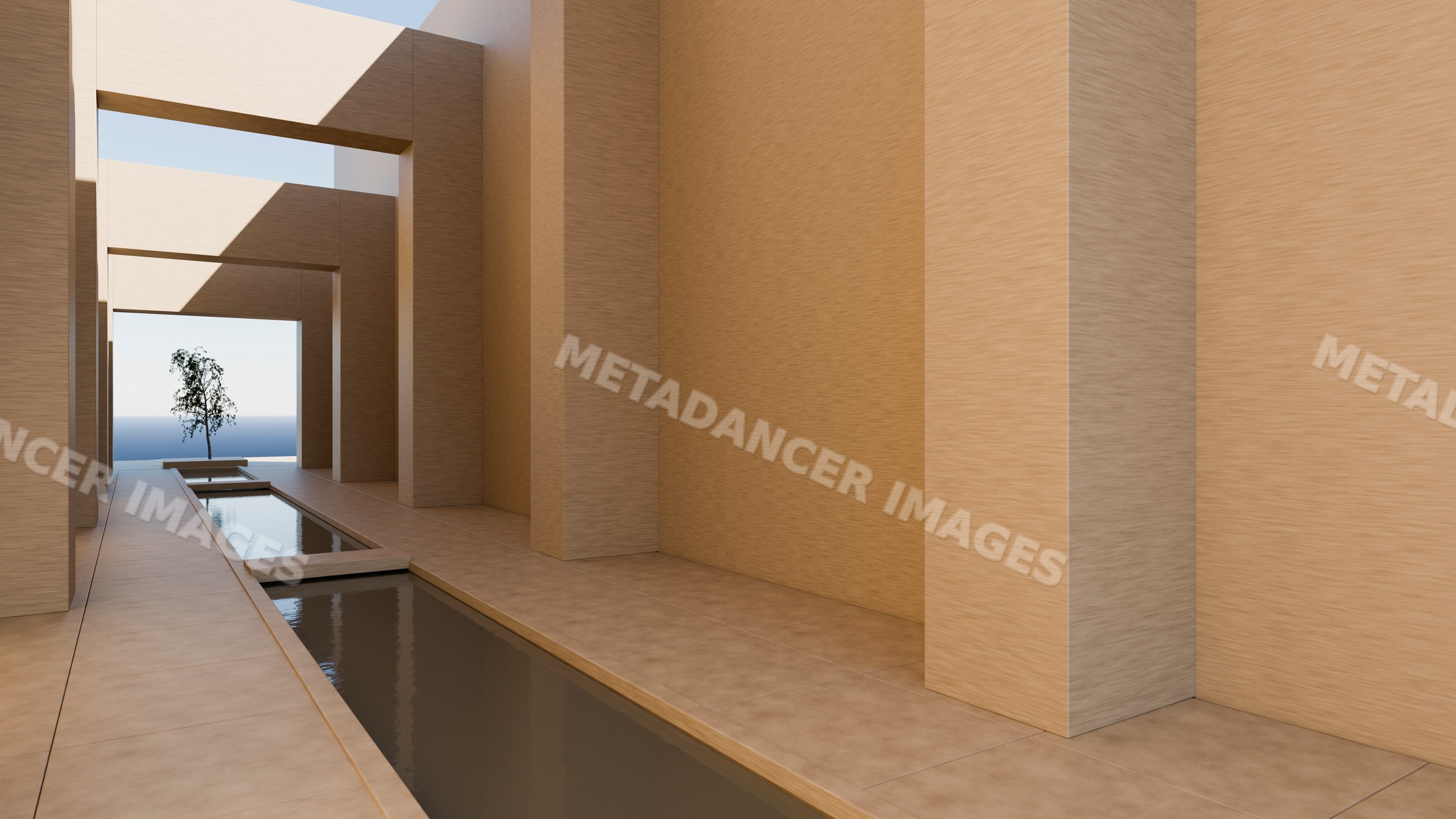Open corridor with water feature and tree in modern architecture