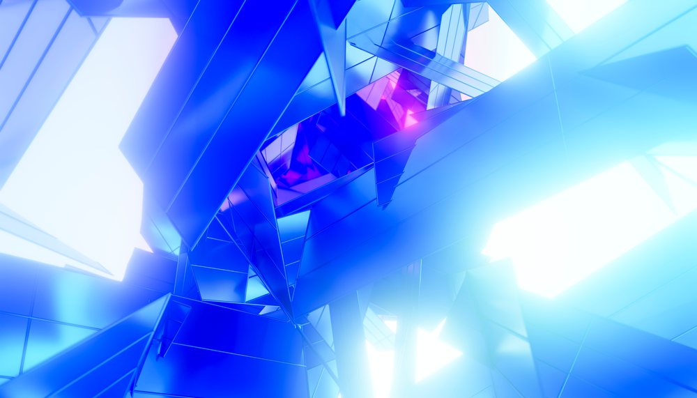 Digital rendering of an abstract blue and purple geometric structure