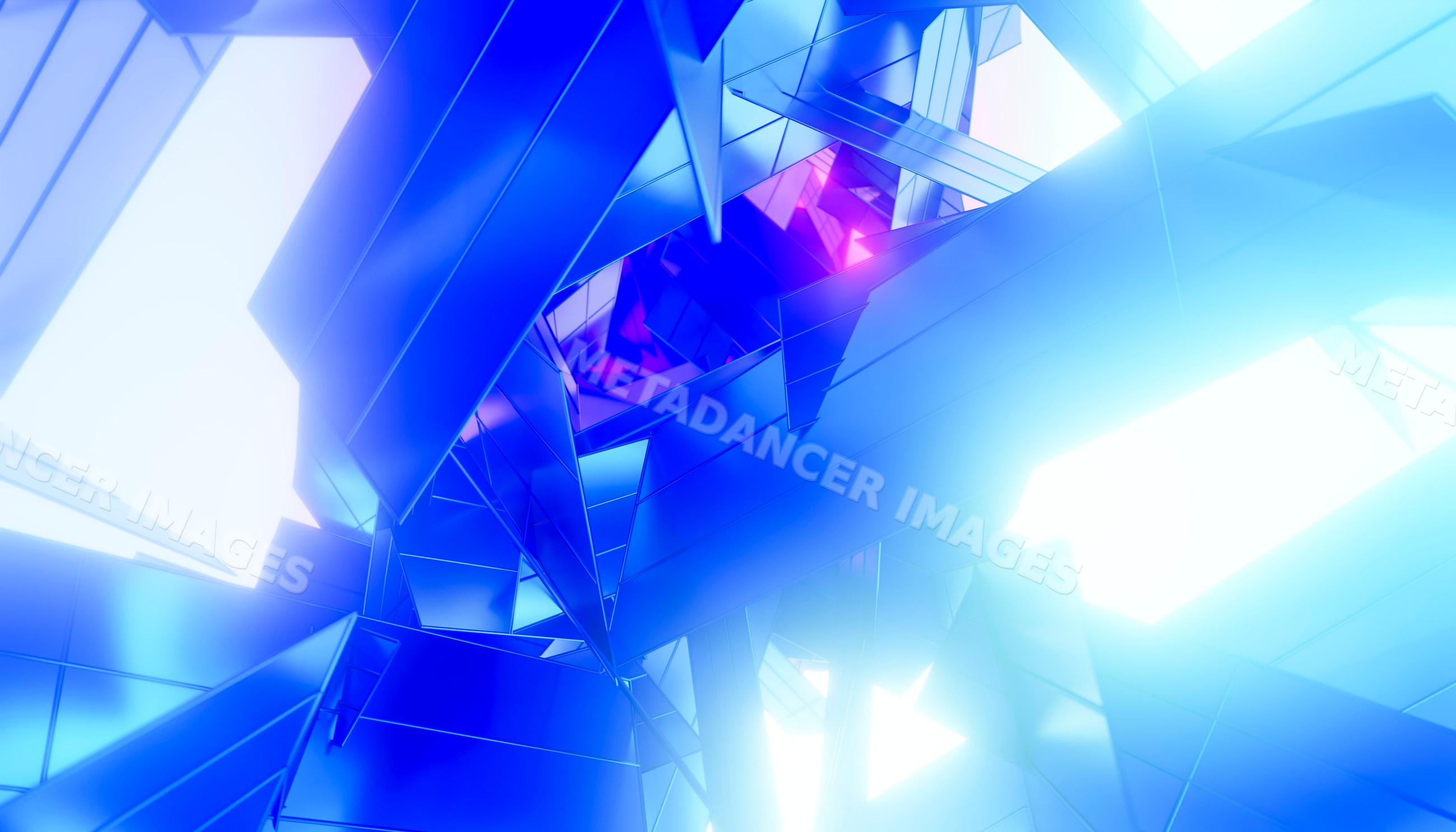 Digital rendering of an abstract blue and purple geometric structure