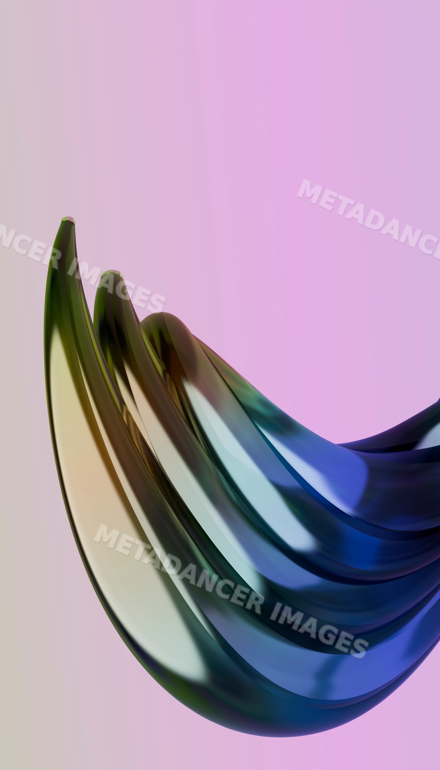 Abstract digital sculpture of flowing wave shapes on purple gradient