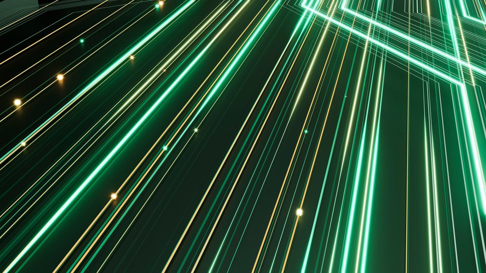 Abstract green and yellow glowing digital lines forming geometric