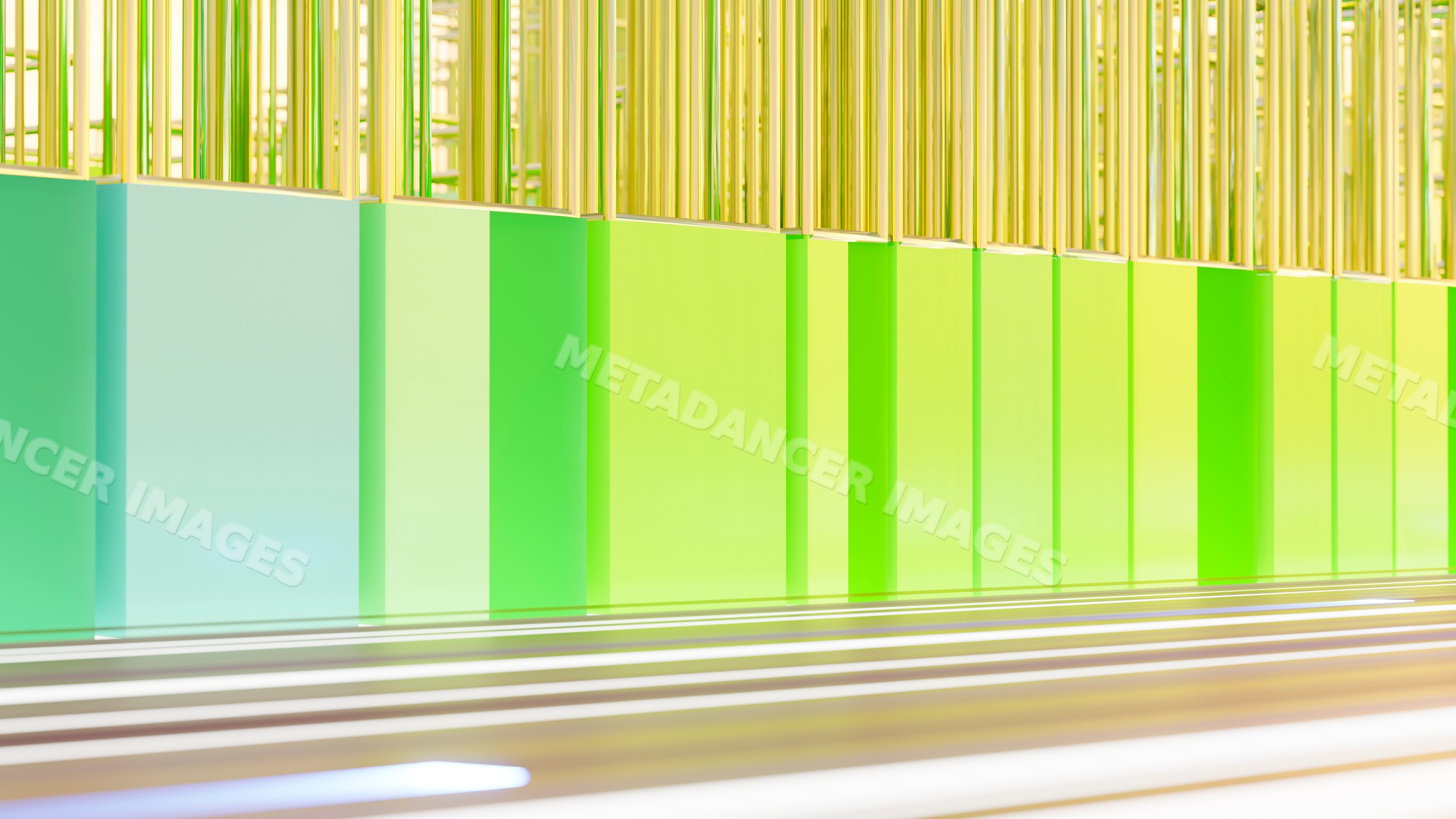 Modern architectural wall with vertical green and yellow glass panels