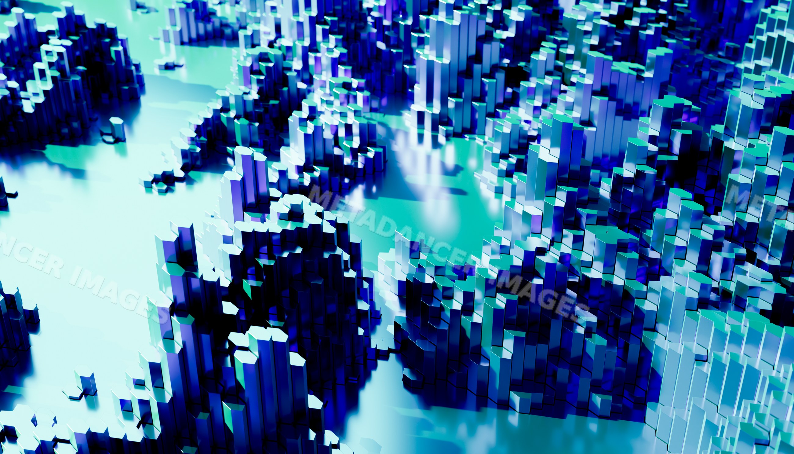 Abstract digital landscape made of blue 3d hexagonal blocks