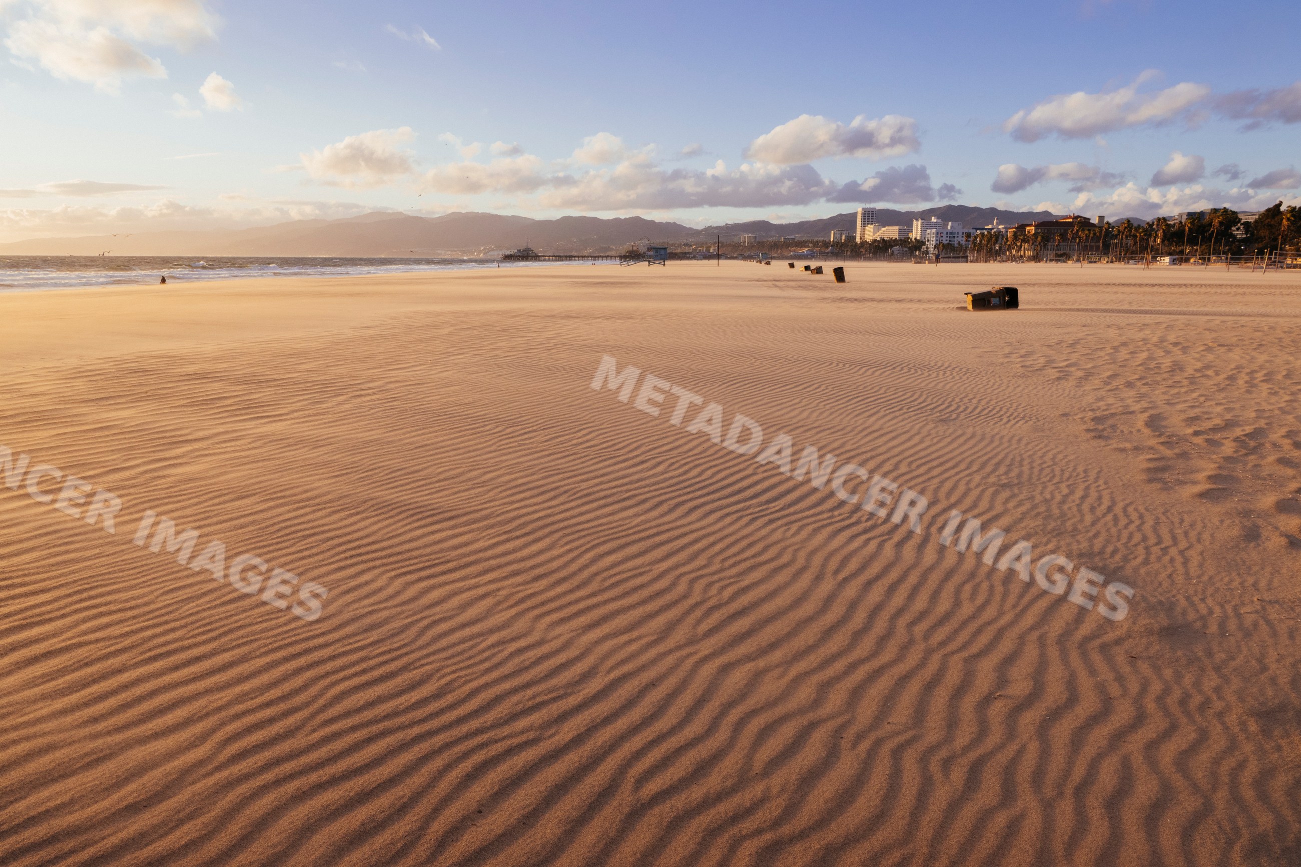 Venice Beach sand ripples and coastline at sunset