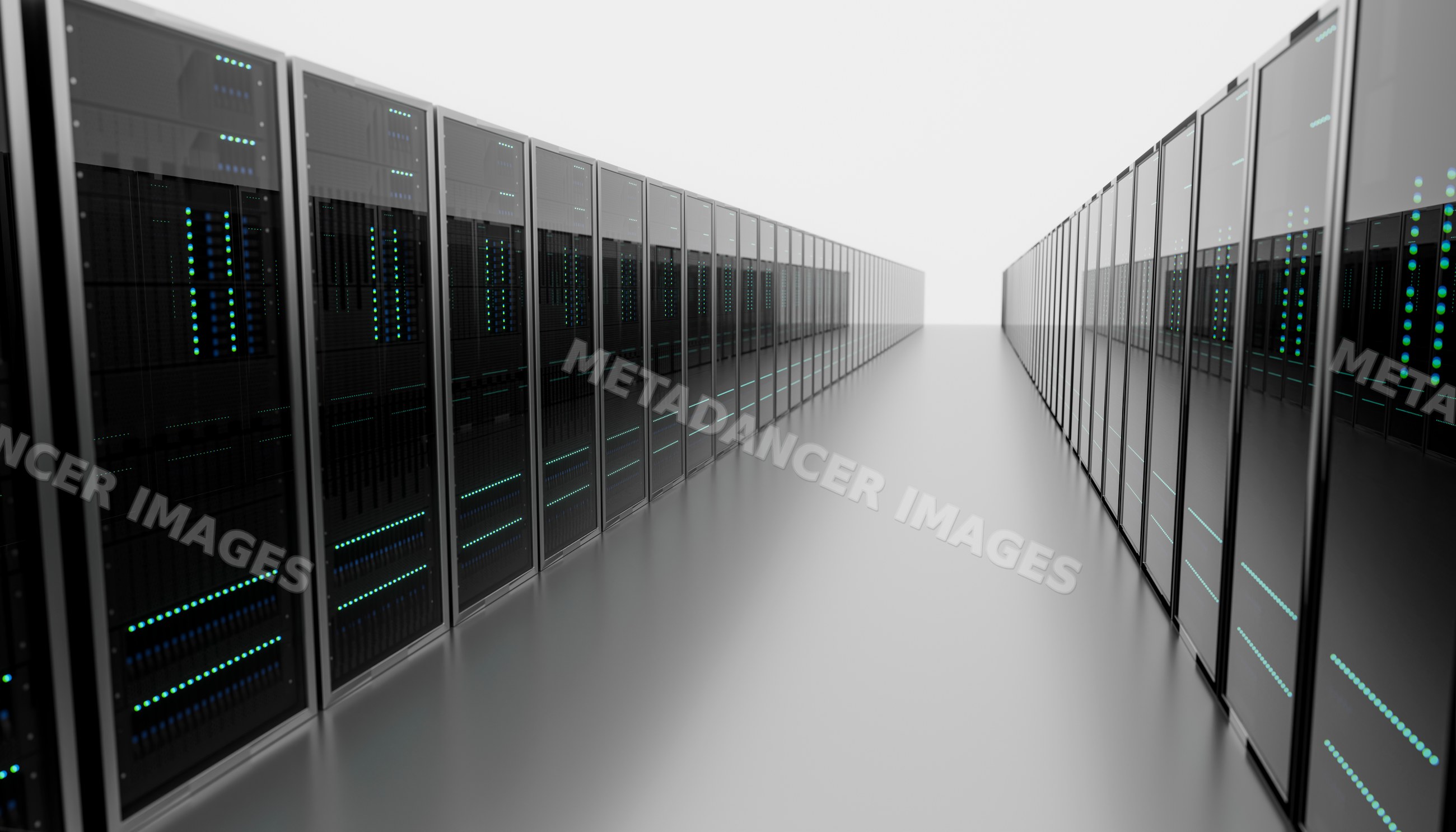 Long aisle of black server racks in a modern data center