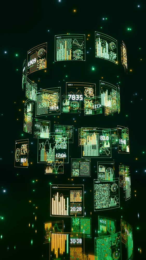 Digital data visualization panels displaying interactive 3d charts