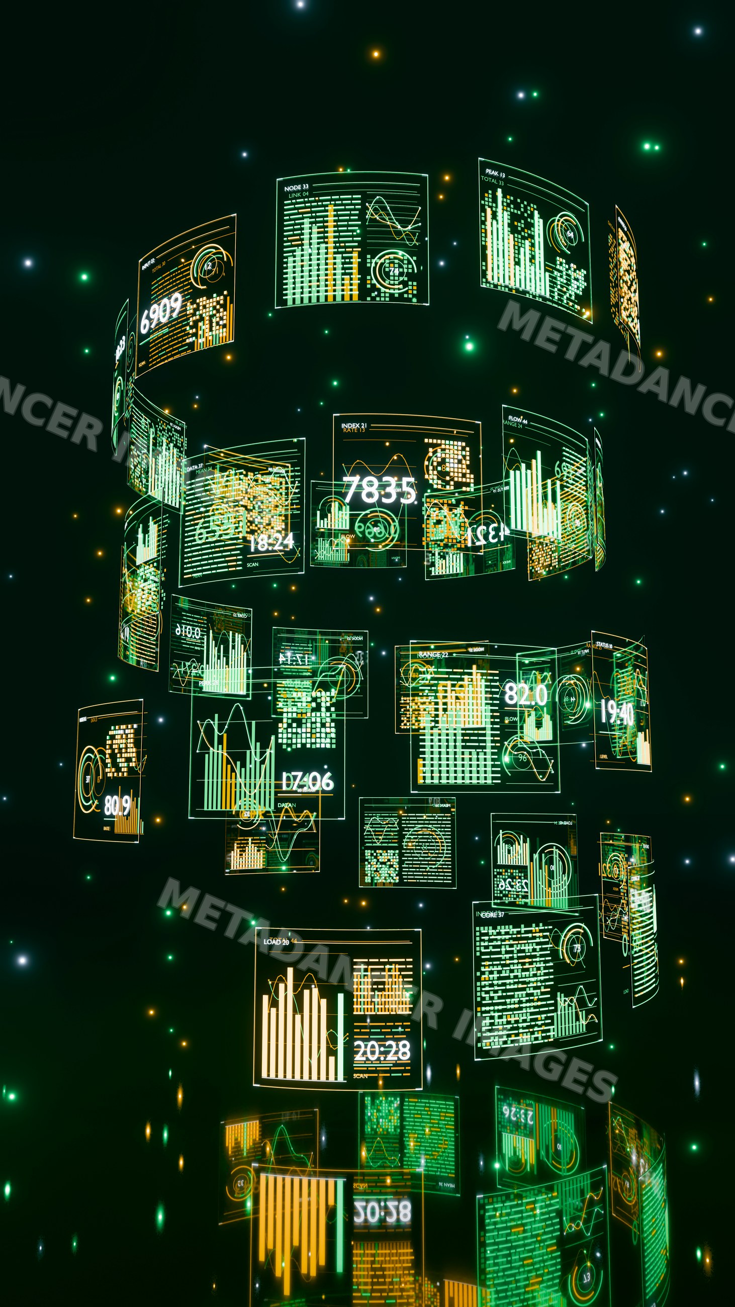 Digital data visualization panels displaying interactive 3d charts