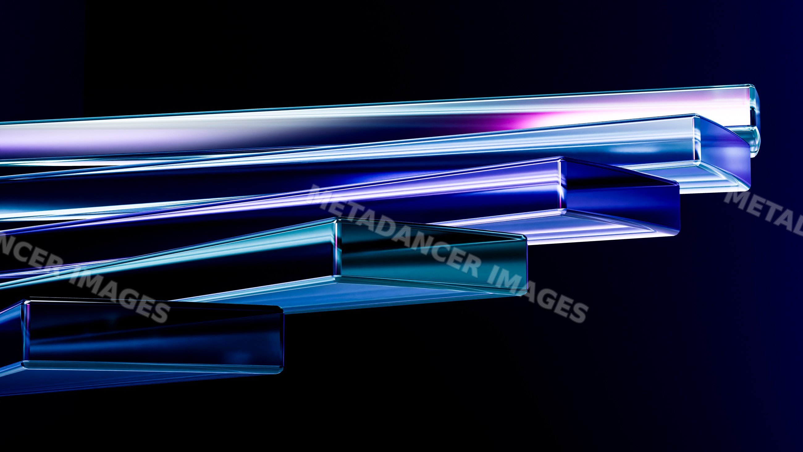 Stacked transparent rectangular glass bars with colorful reflections