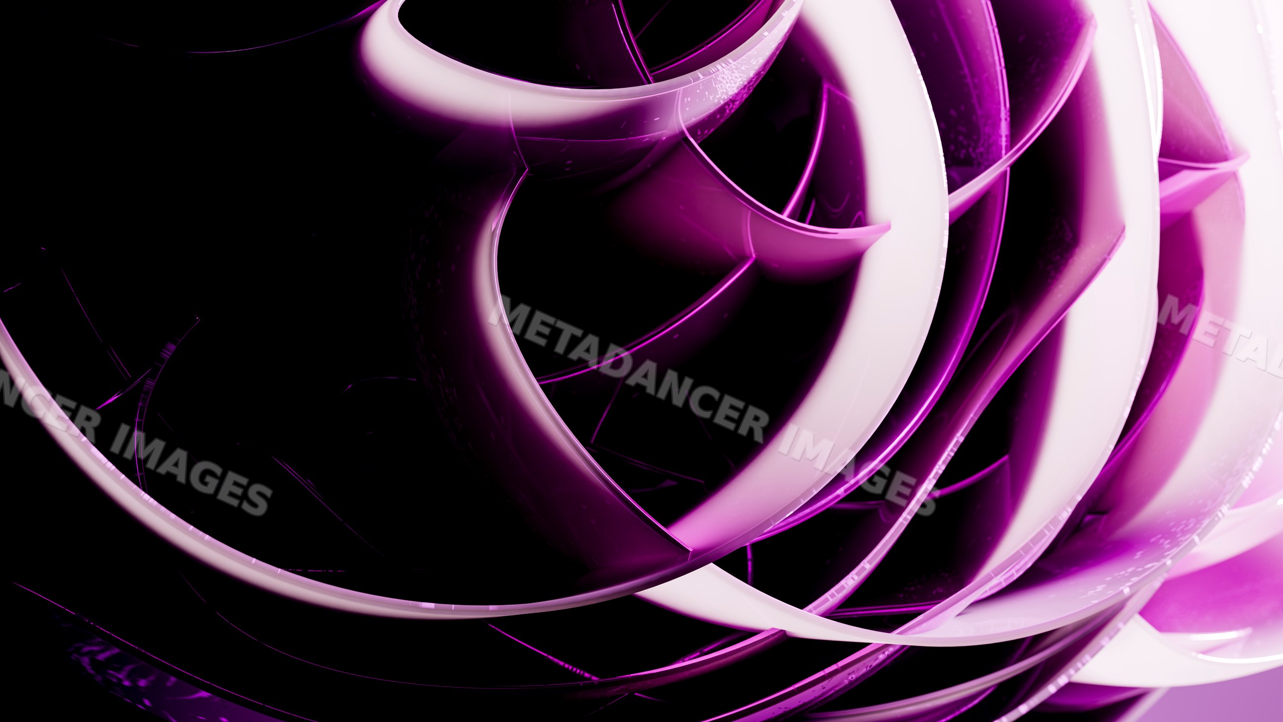 Abstract purple curved spiral shapes with smooth reflective surfaces