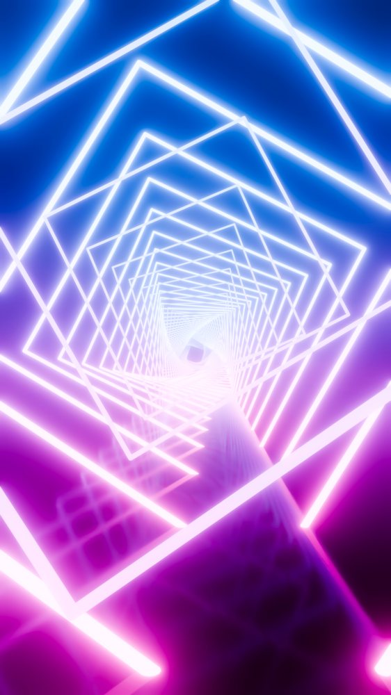 Neon square frames forming a glowing light tunnel abstract design