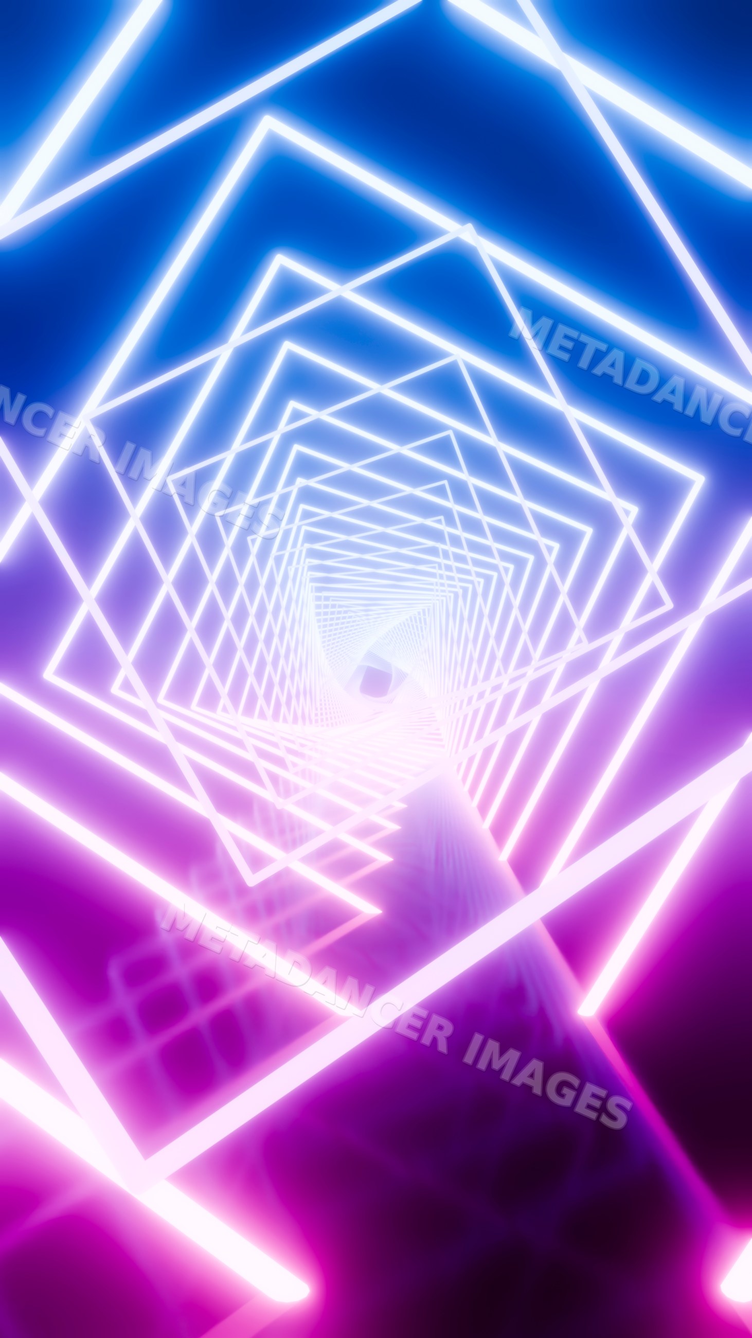 Neon square frames forming a glowing light tunnel abstract design