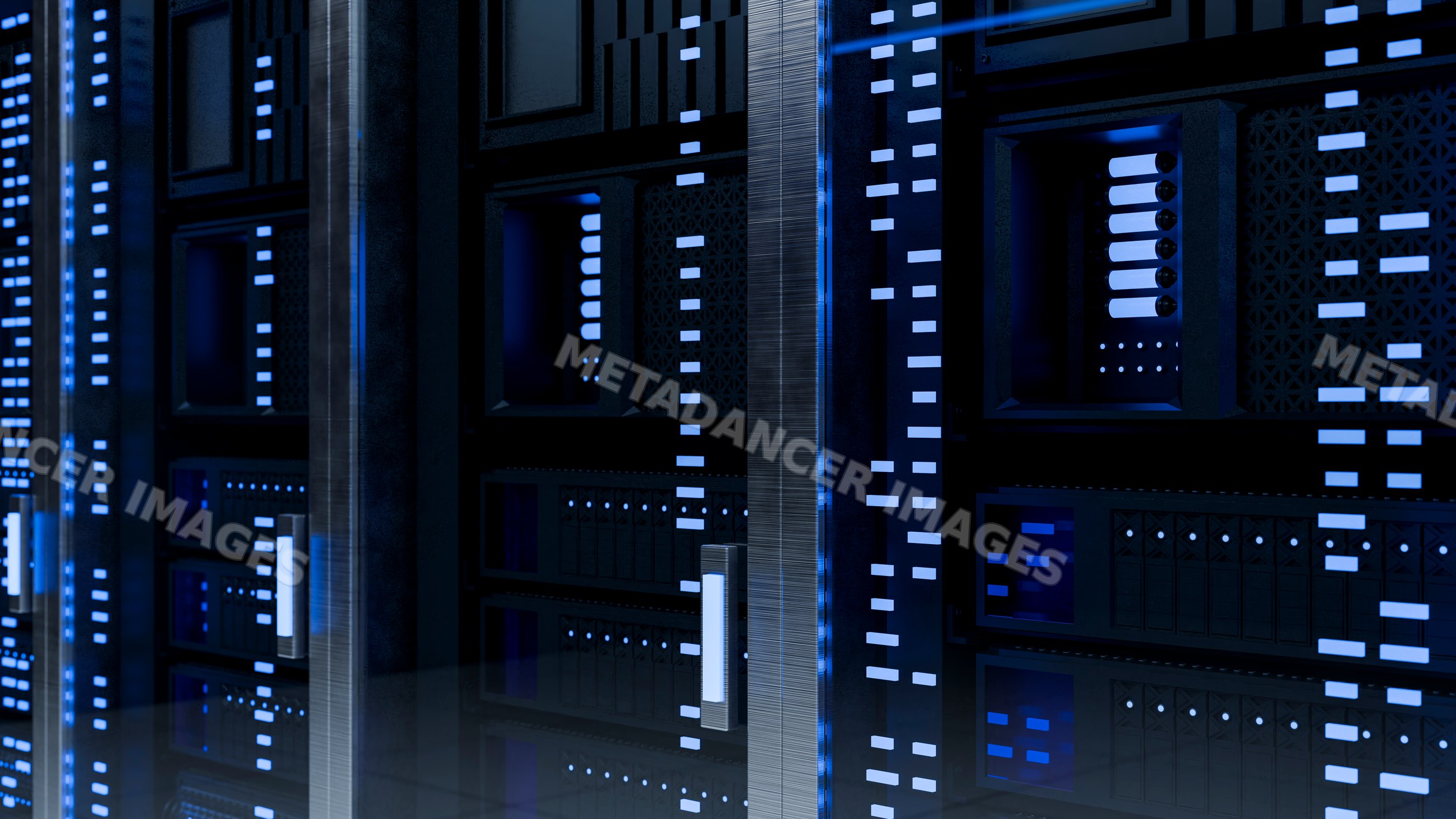 Computer server racks with blue led lights in a data center