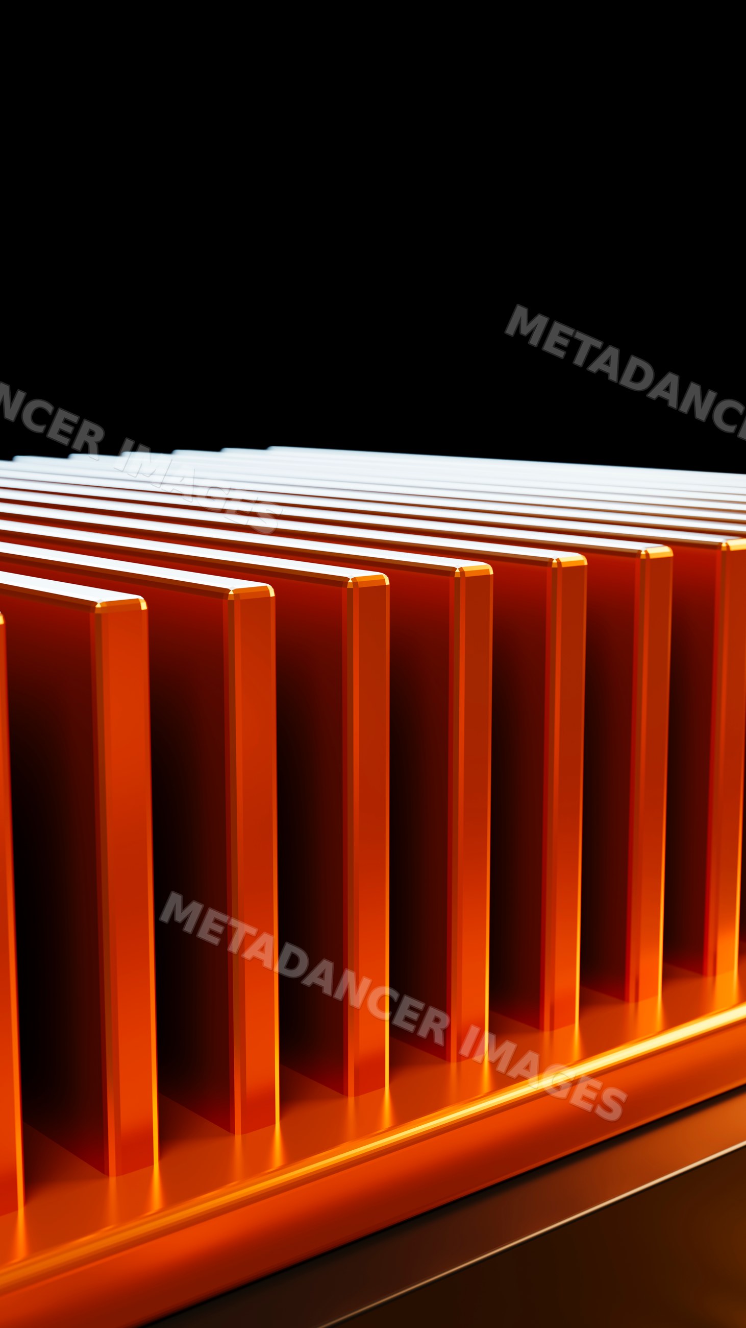 Orange metal cooling fins on heat sink