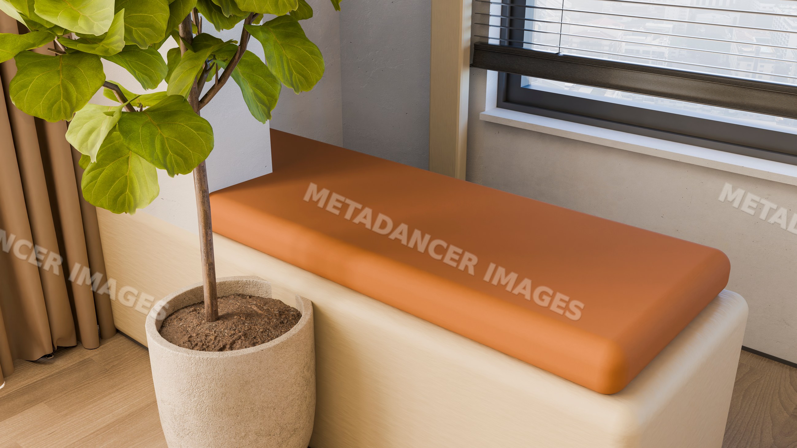 Bench with orange cushion beside potted plant under window blinds