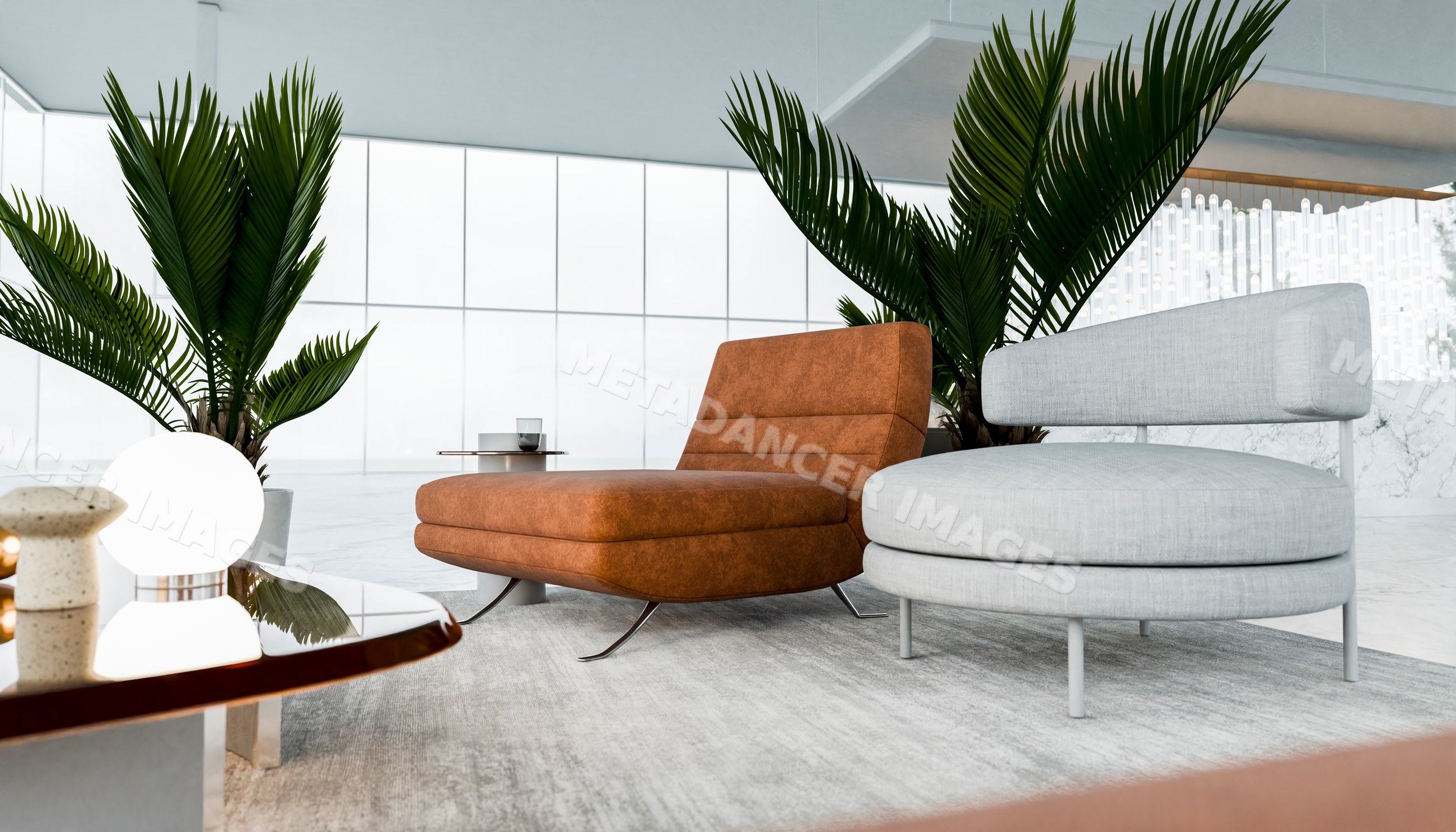 Modern lounge chairs with palm plants in a bright spacious interior