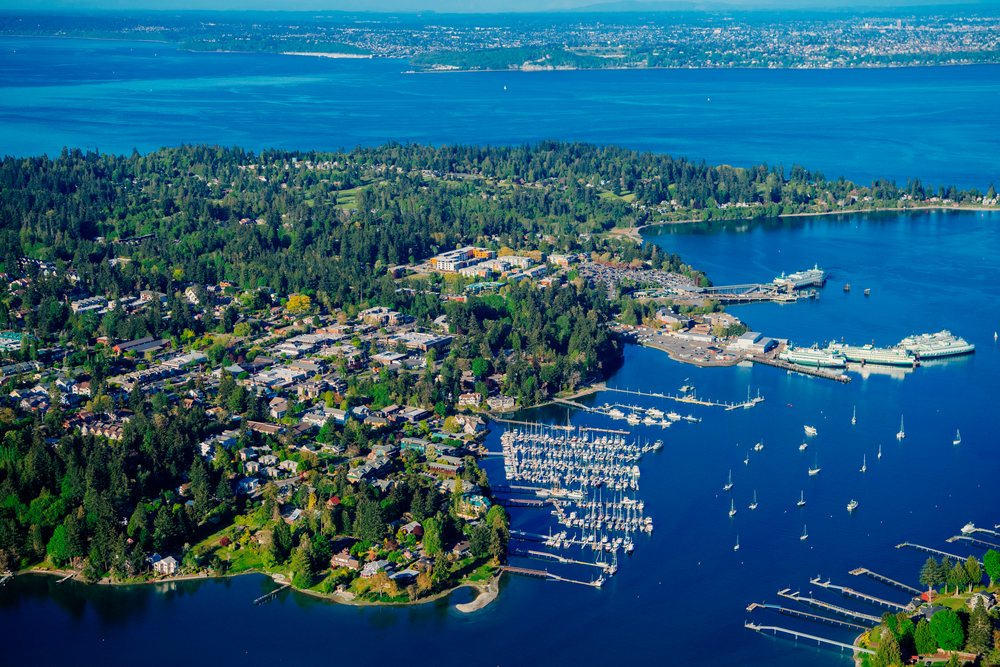 Aerial view of Bainbridge Island marina and Eagle Harbor on puget