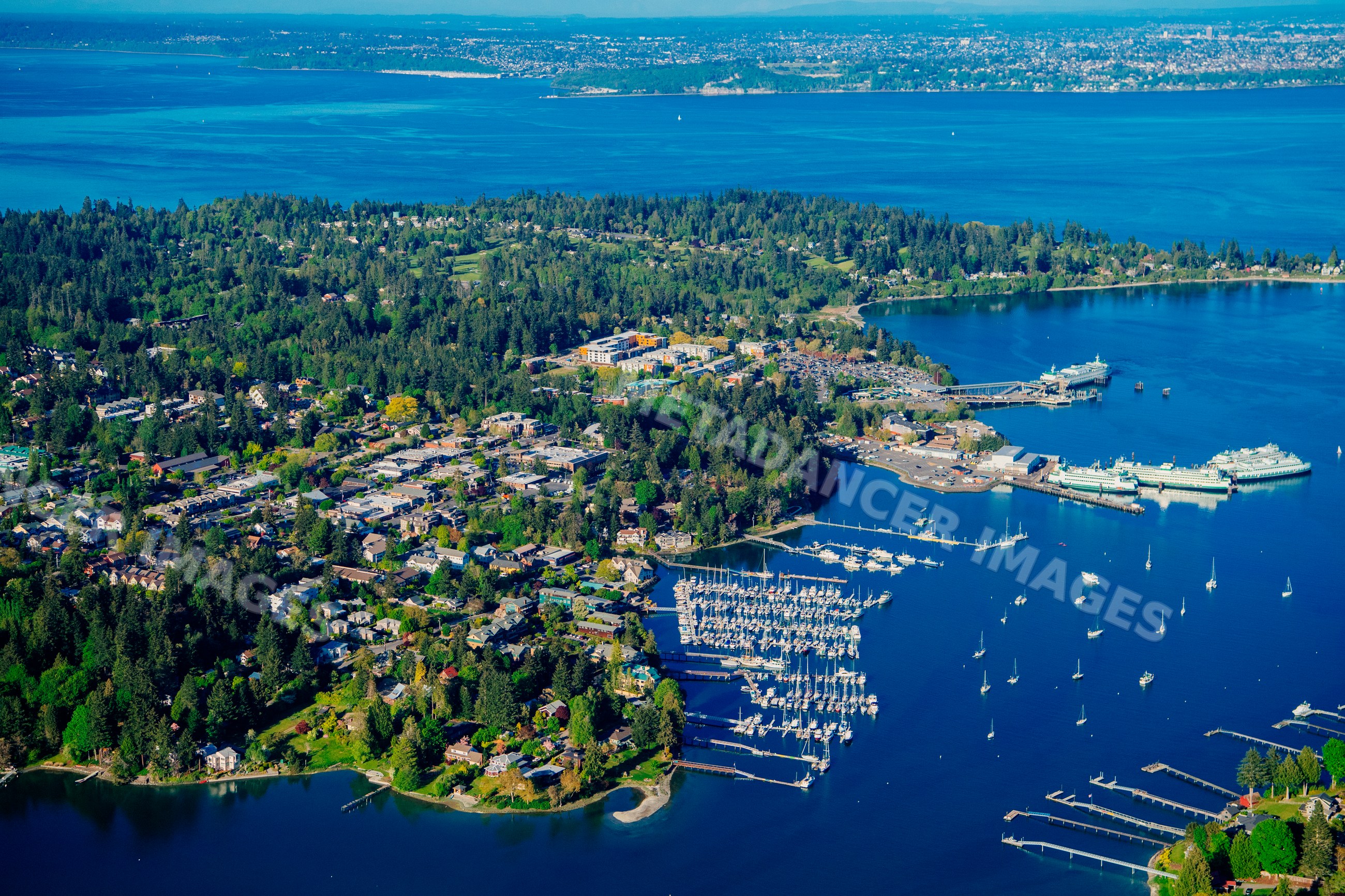 Aerial view of Bainbridge Island marina and Eagle Harbor on puget