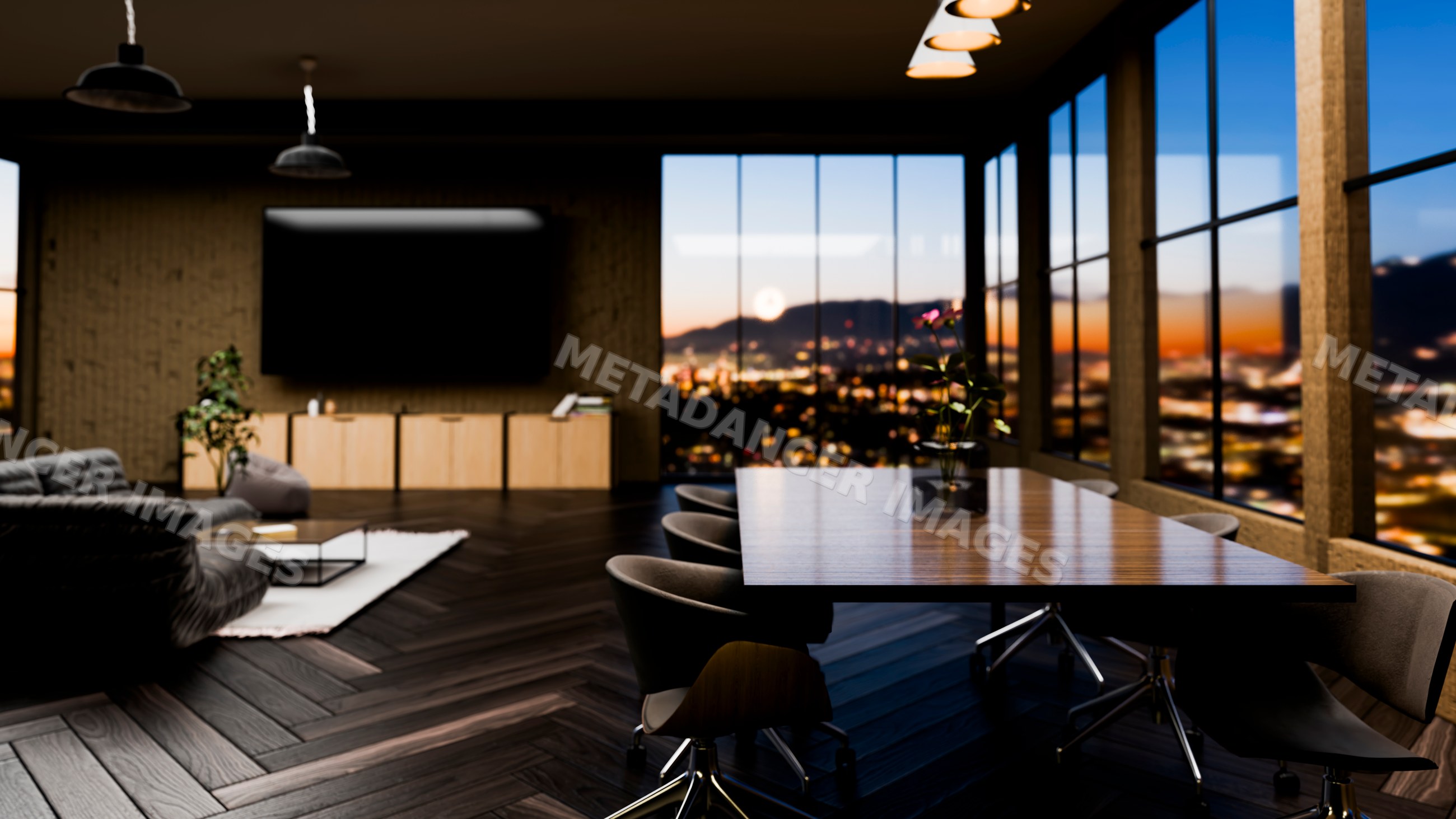 Modern conference room with city skyline sunset view
