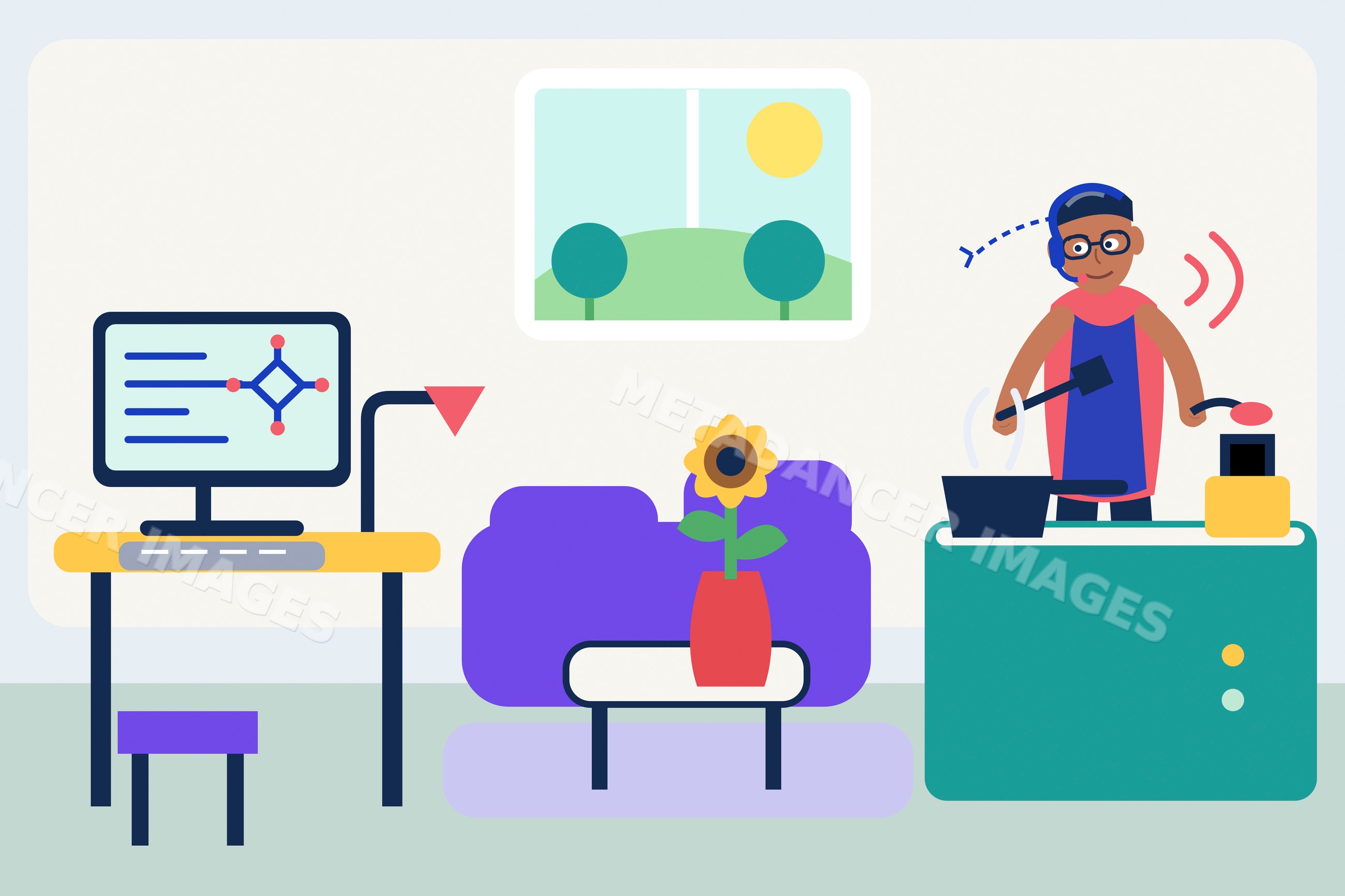 Person cooking in bright Home Office with digital AI assistant and kitchen area