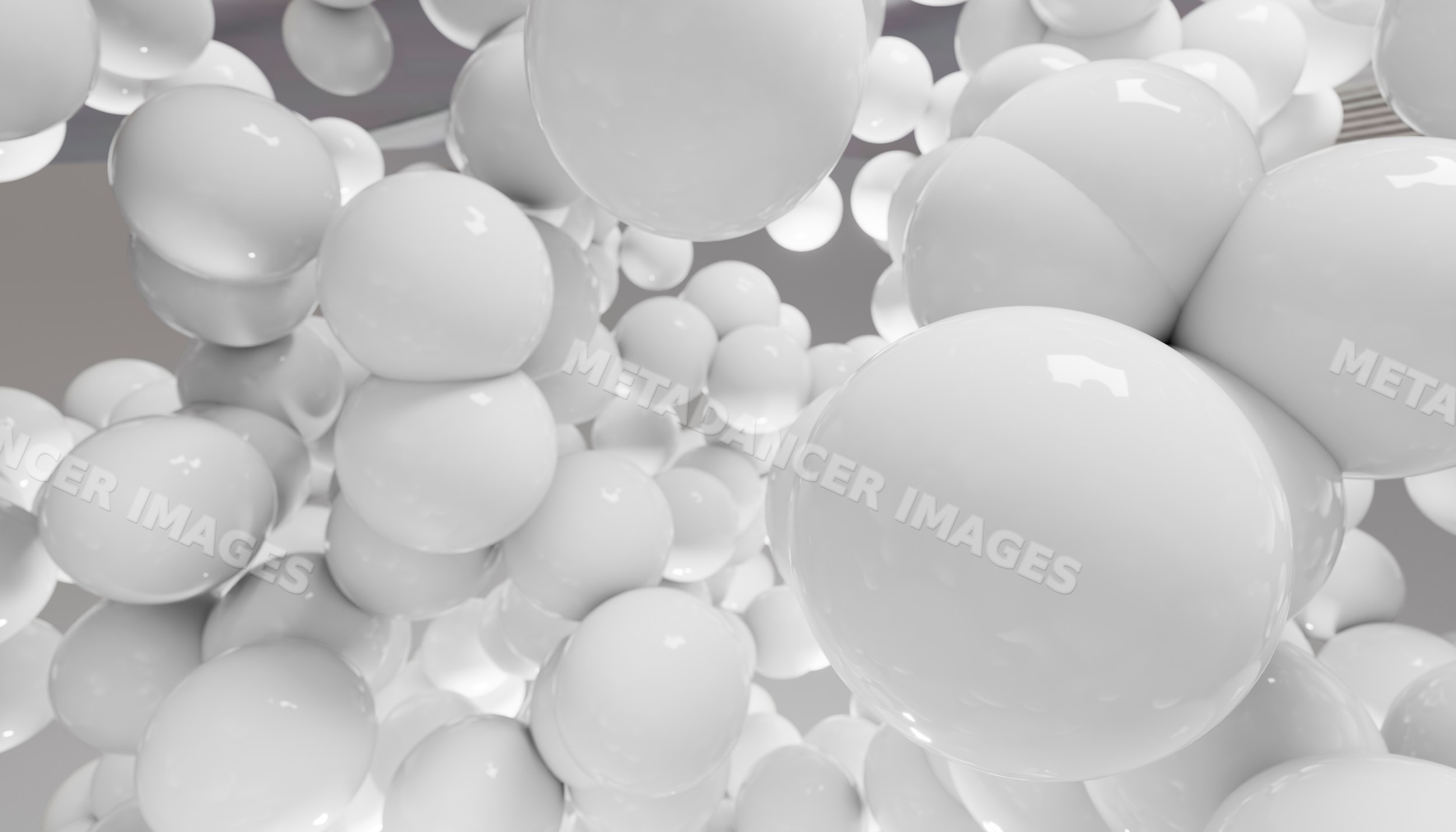 Glossy white 3d spheres floating in an abstract composition