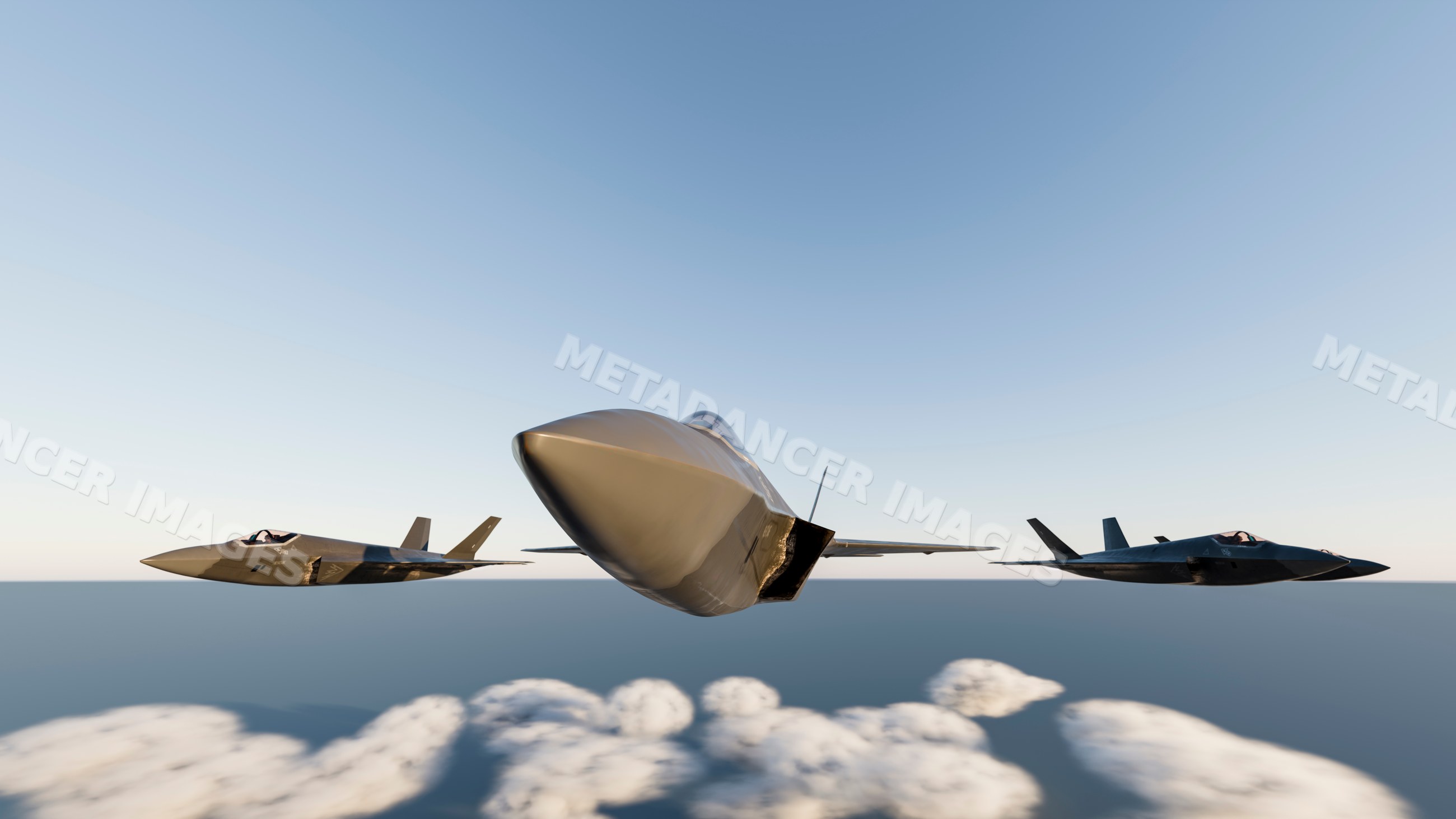 Military jet fighter aircraft flying in formation above clouds