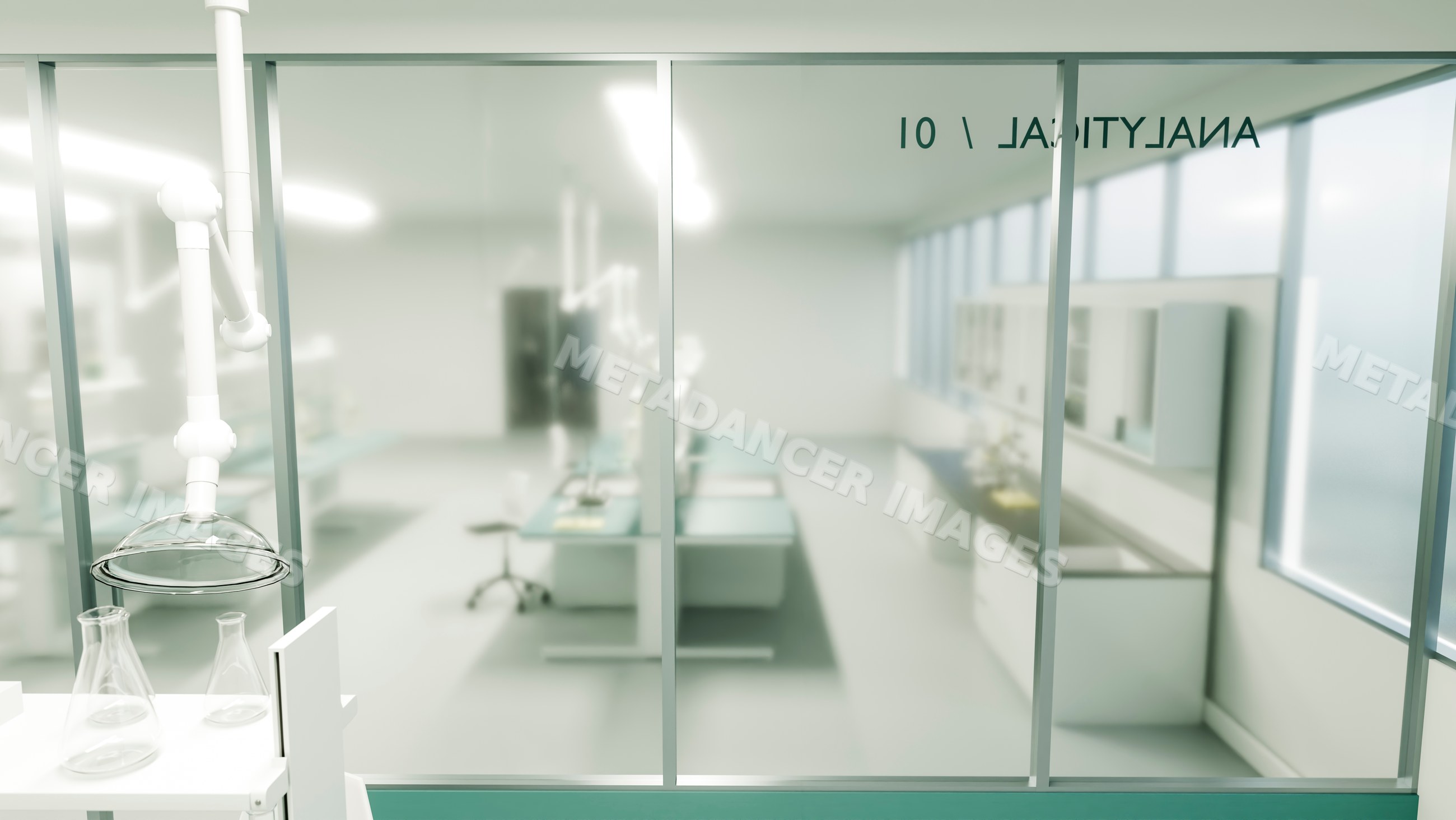 Laboratory interior with glass doors and scientific workstations