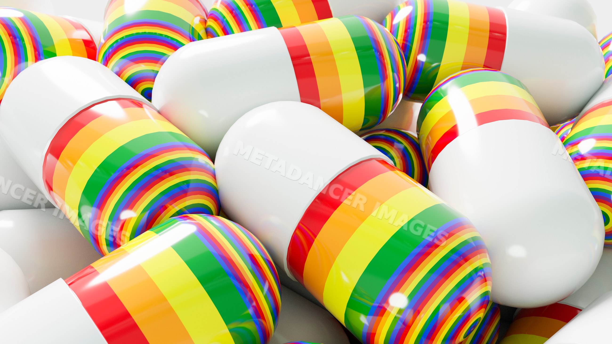 Pharmaceutical capsules with rainbow stripes clustered together