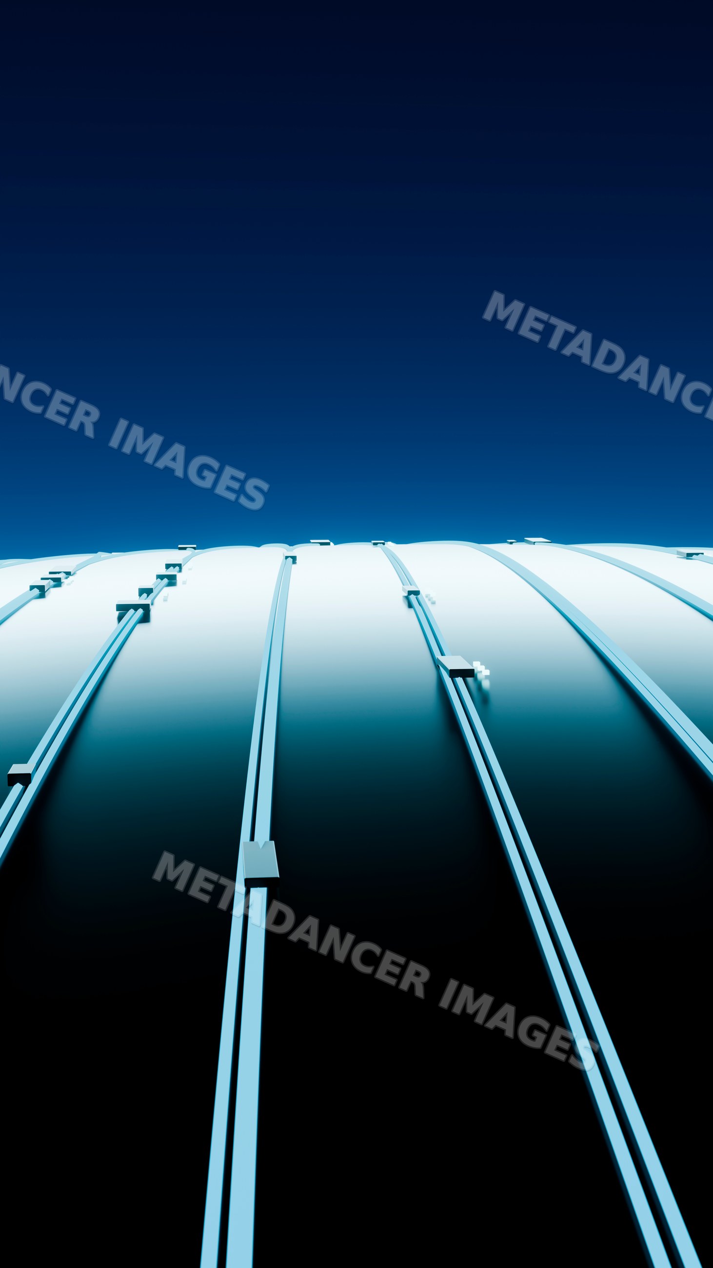 Curved metal dome with blue structural ribs under clear sky