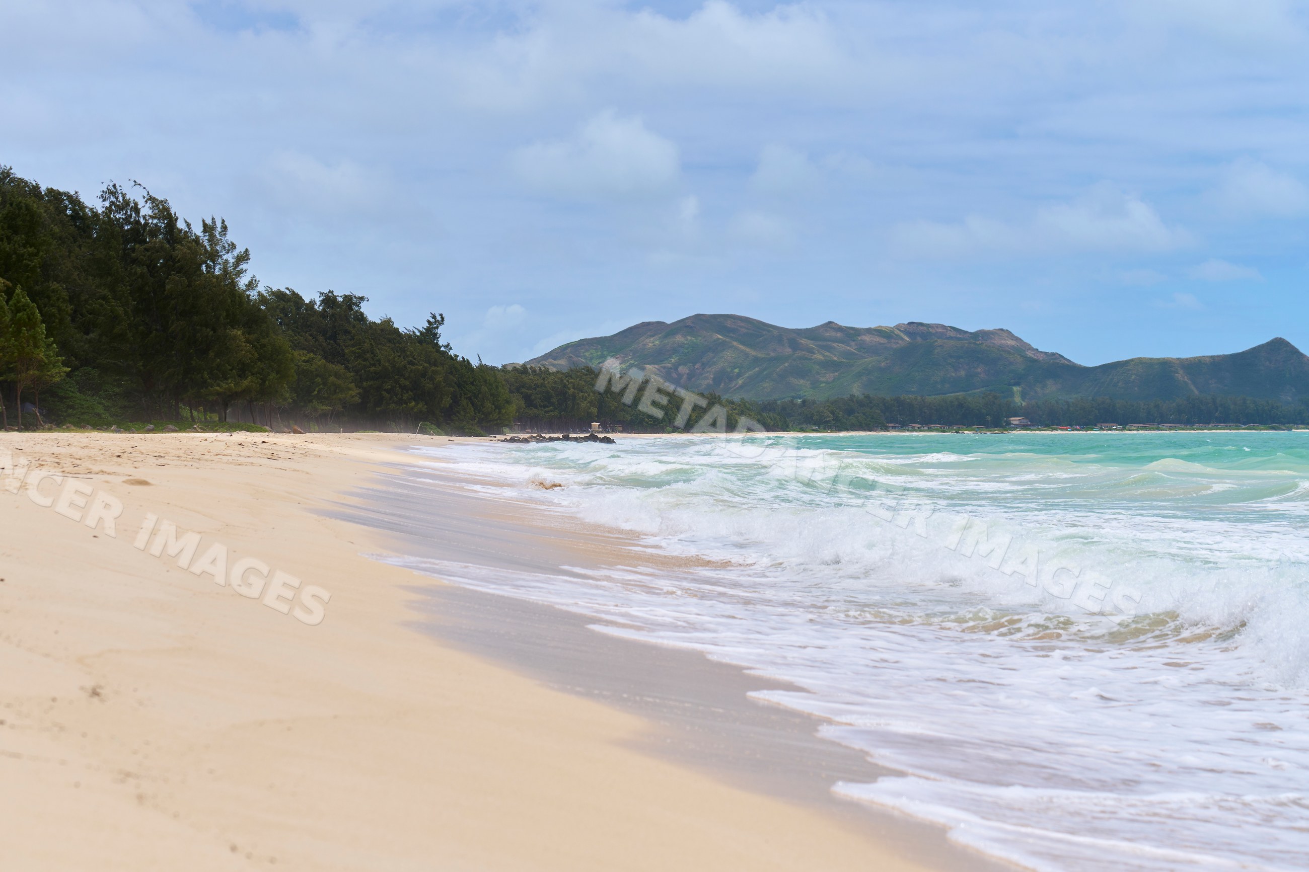 Beach waves on sandy shore with mountains and trees in a beach