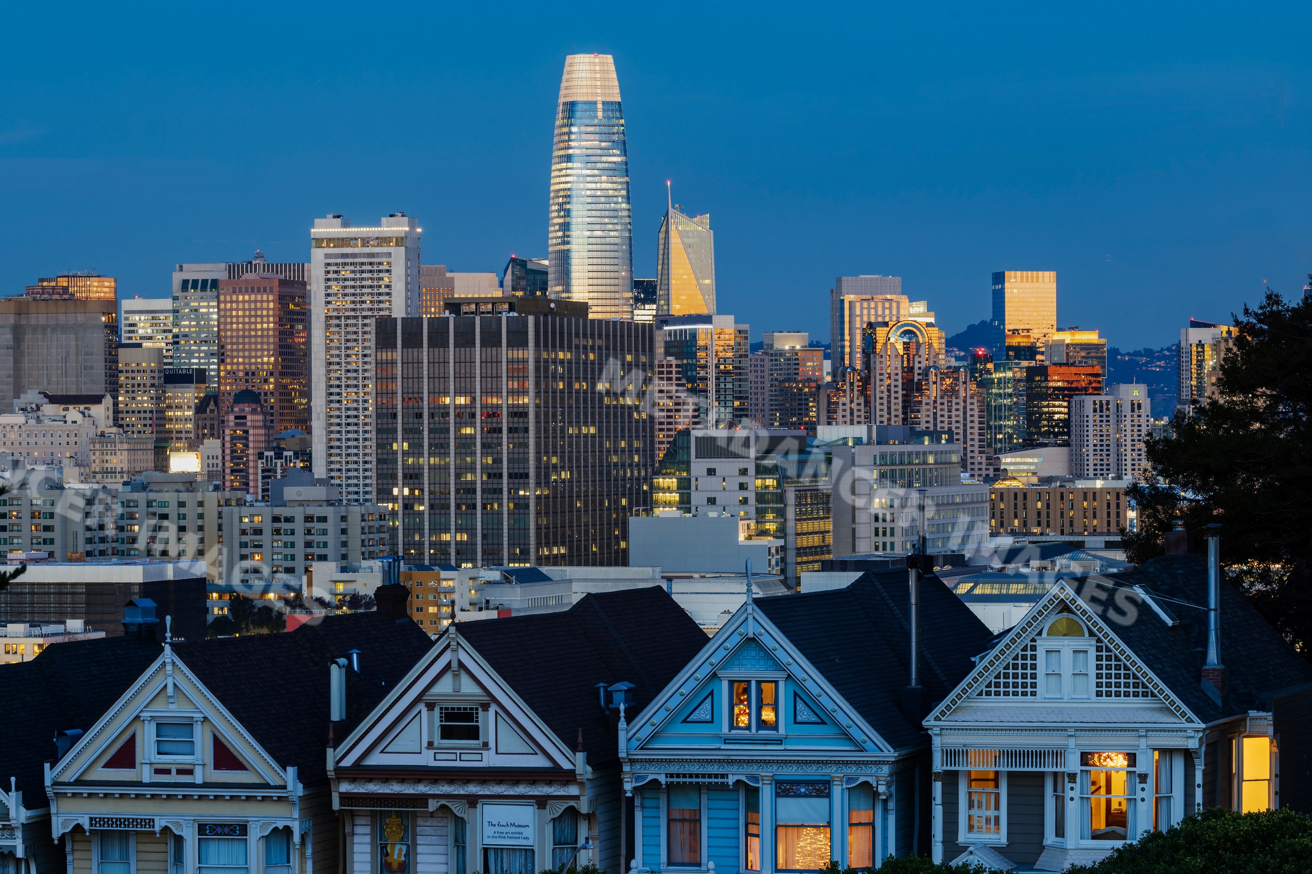 San Francisco skyline with victorian Painted Ladies houses at dusk