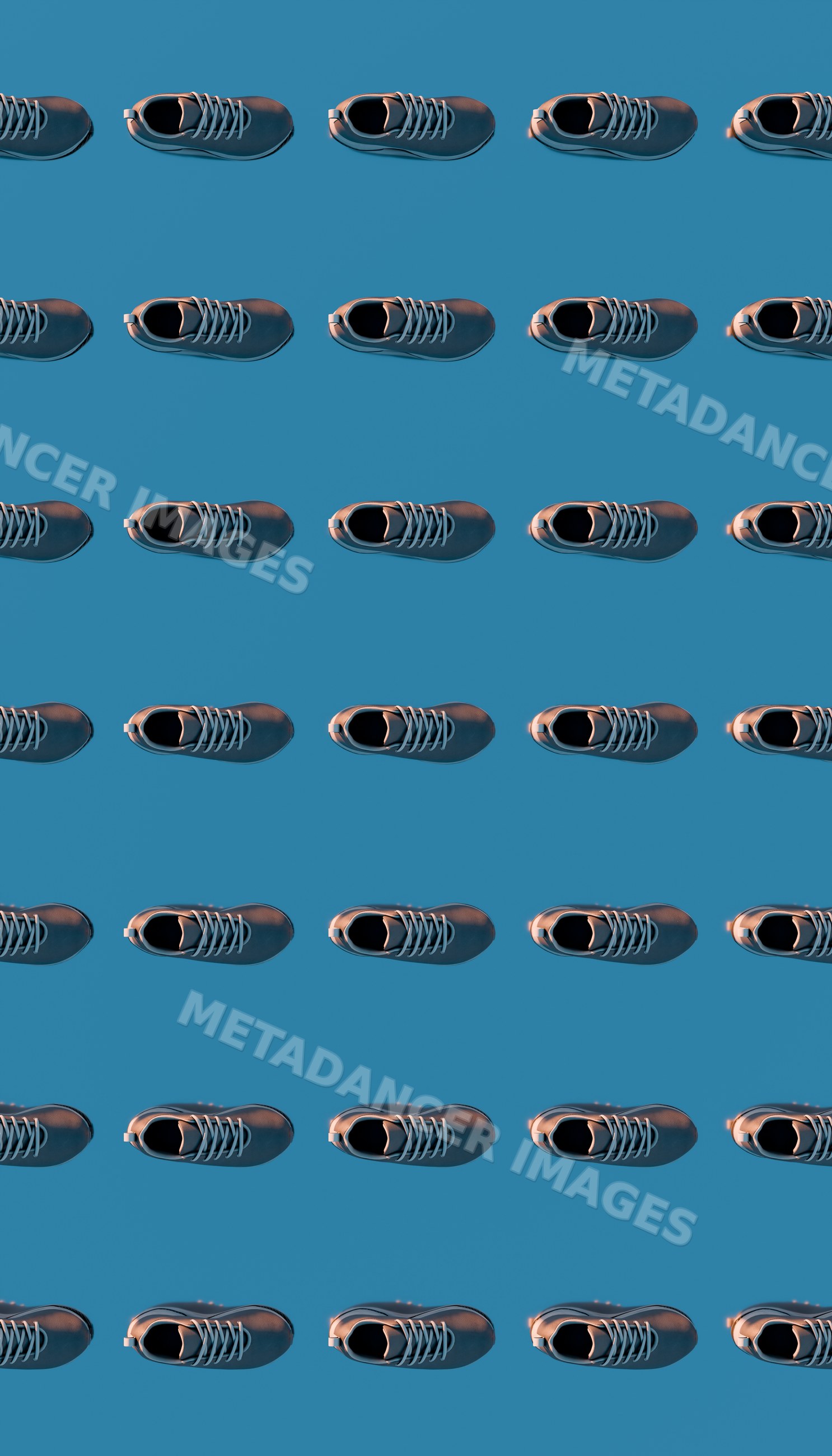 Running shoes arranged in a repetitive pattern on blue background