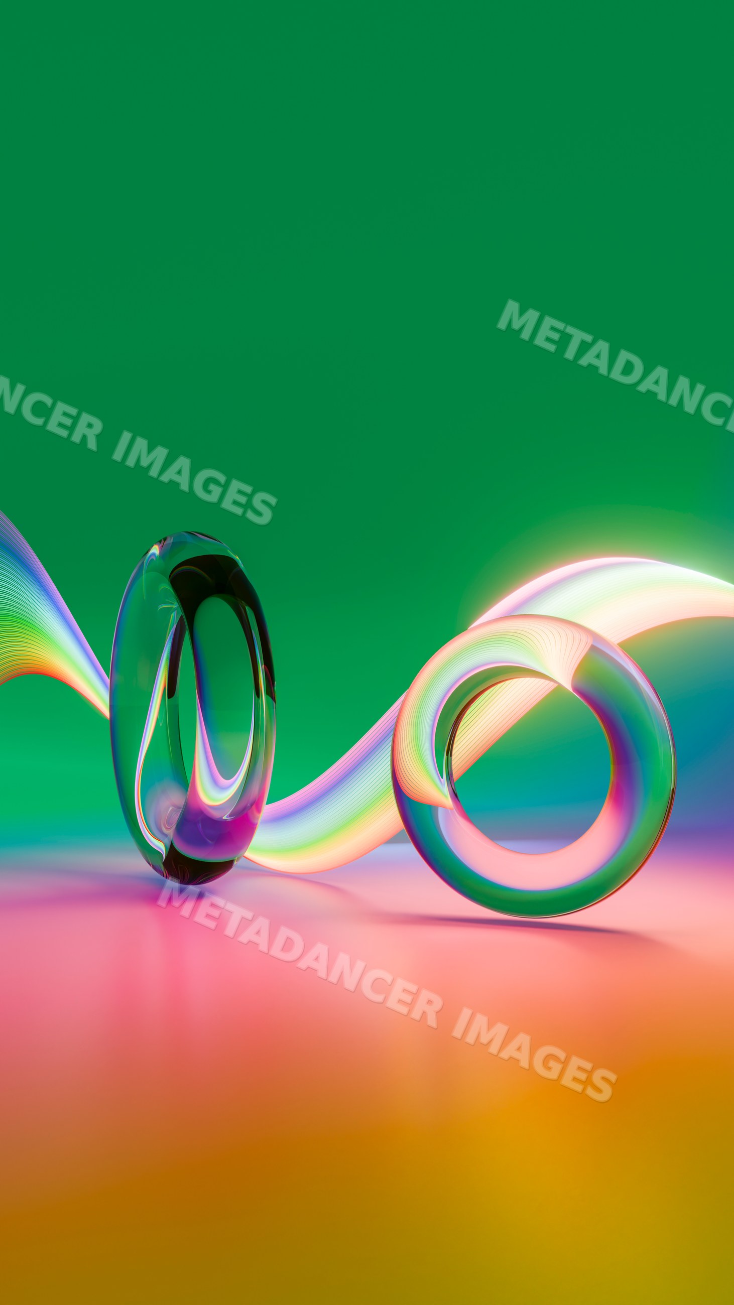 Colorful abstract digital illustration with glass rings and flowing